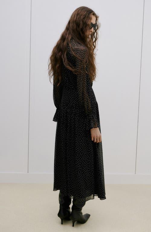 mango flared sleeve polka dot dress Mango Polka Dot Long Sleeve Midi Dress in Black