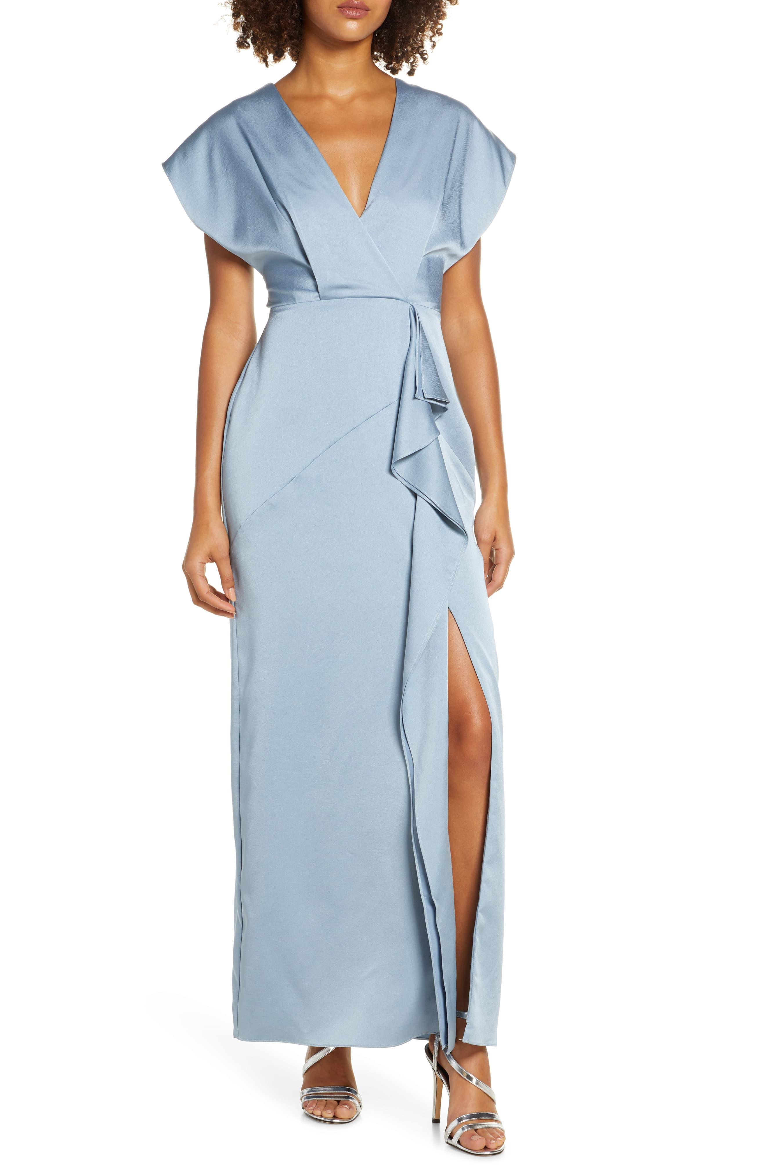 Harlyn Ruffle Satin Maxi Dress in Dusty Blue (Blue) Lyst