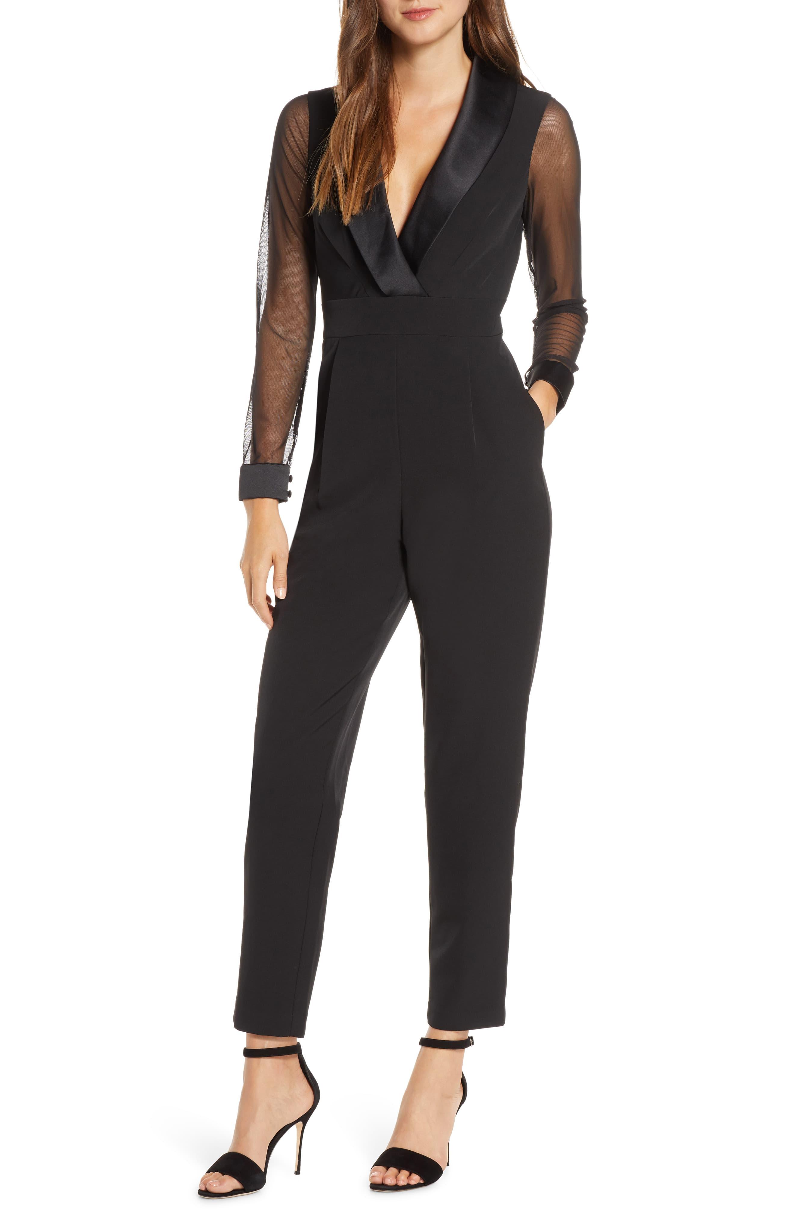 Eliza J Tuxedo Shawl Collar Sheer Sleeve Satin Jumpsuit in Black Save 51 Lyst
