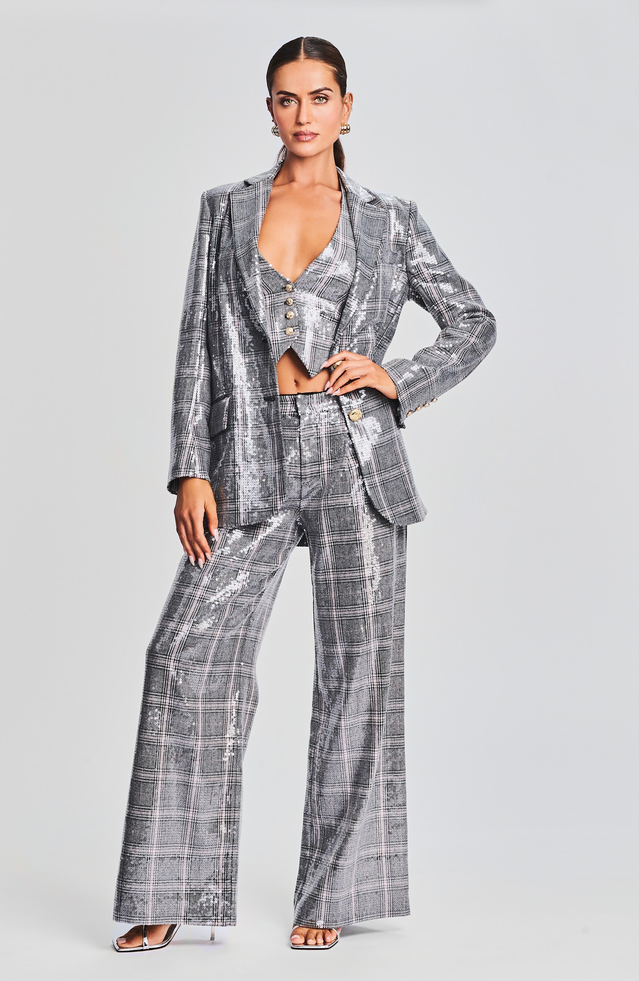 retroféte Enid Sequin Plaid Blazer in Gray | Lyst