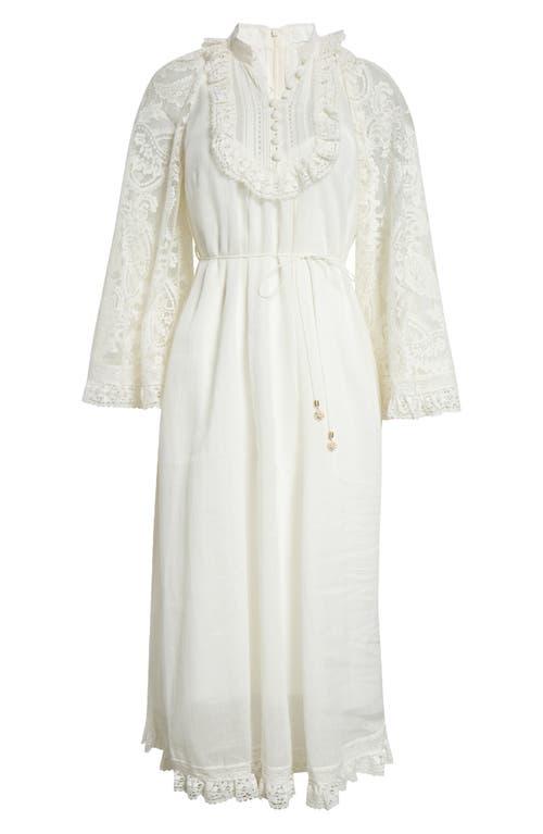 Zimmermann Ascension Lace Trim Tie Waist Midi Dress in White | Lyst