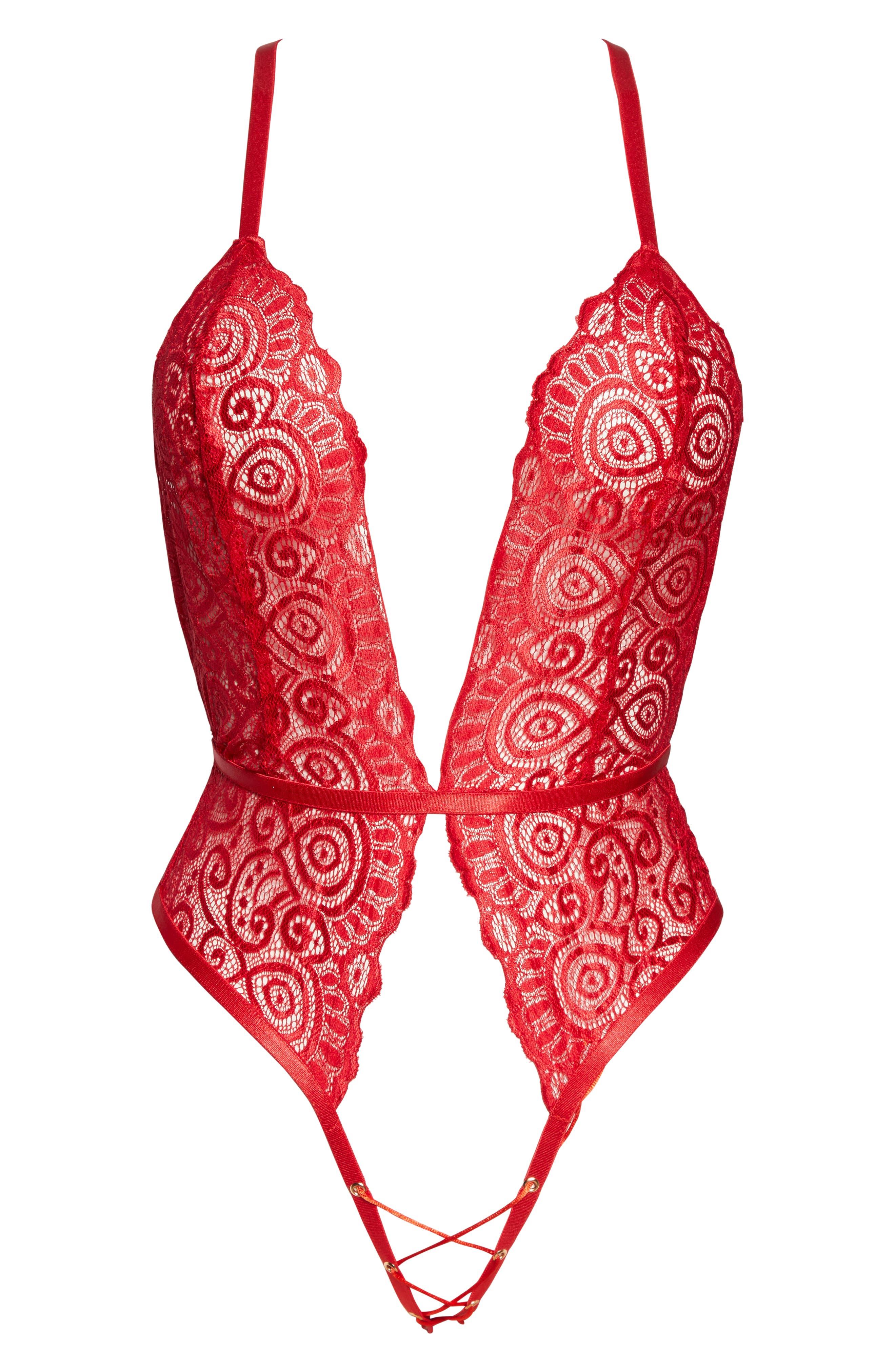 ROMA CONFIDENTIAL Plunge Lace Open Gusset Teddy in Red