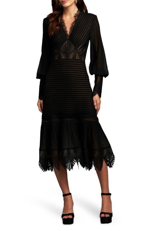 Tadashi Shoji Ribbed Lace Trim Long Sleeve Midi Cocktail Dress in Black |  Lyst