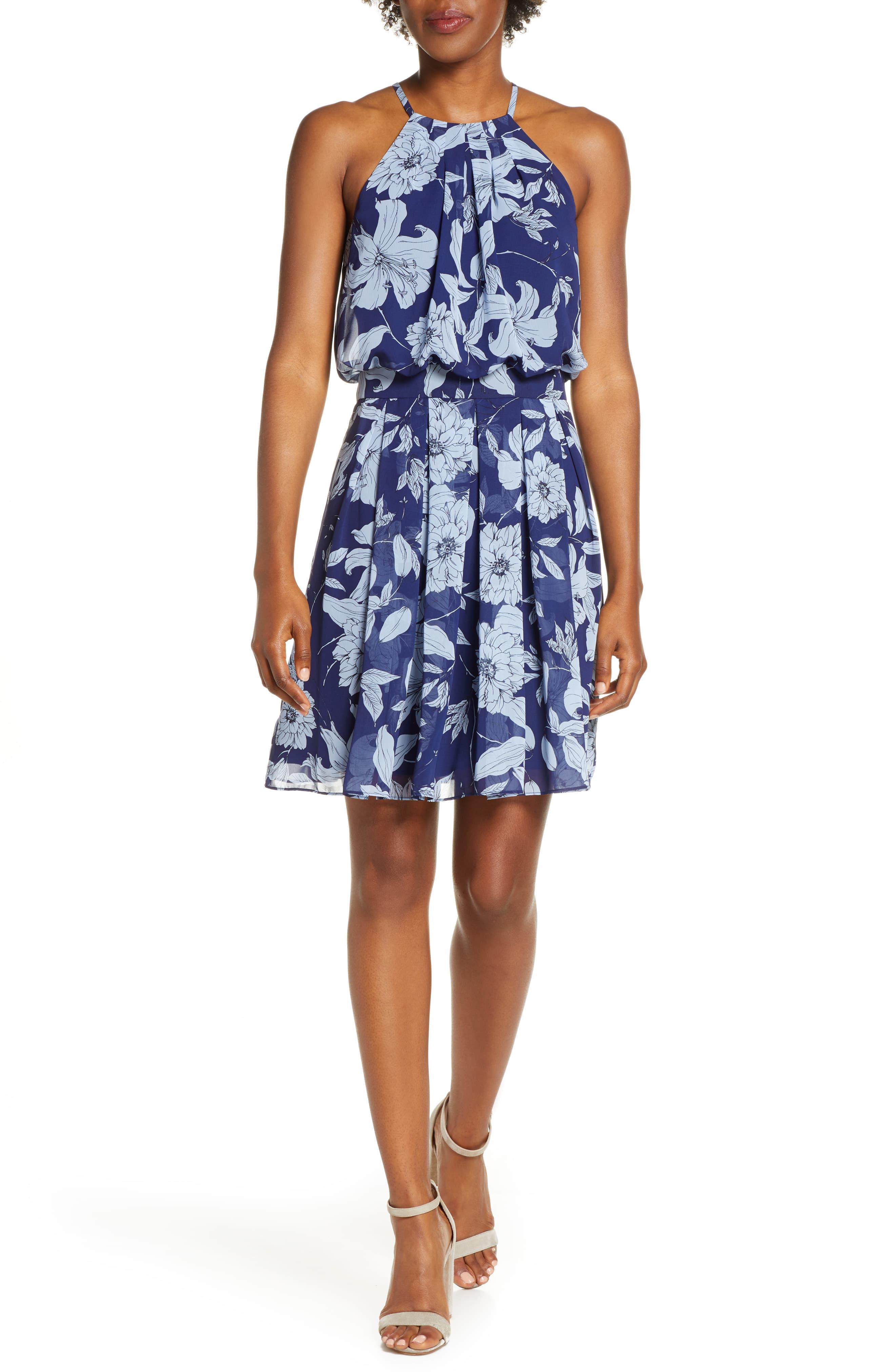 Eliza J Chiffon Floral Print Halter Dress in Navy (Blue