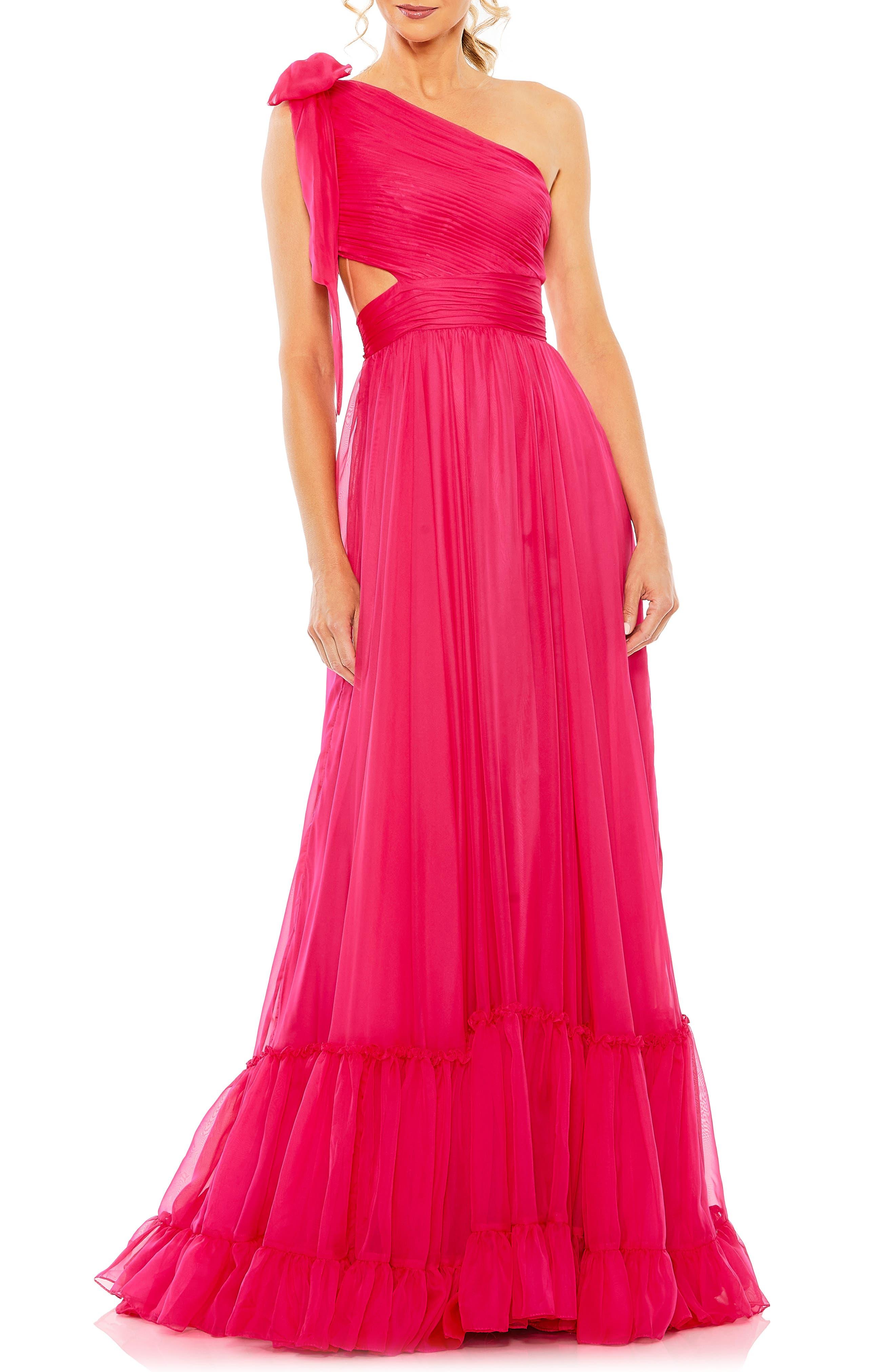 Mac Duggal Ruched Tiered One-shoulder Gown in Pink | Lyst