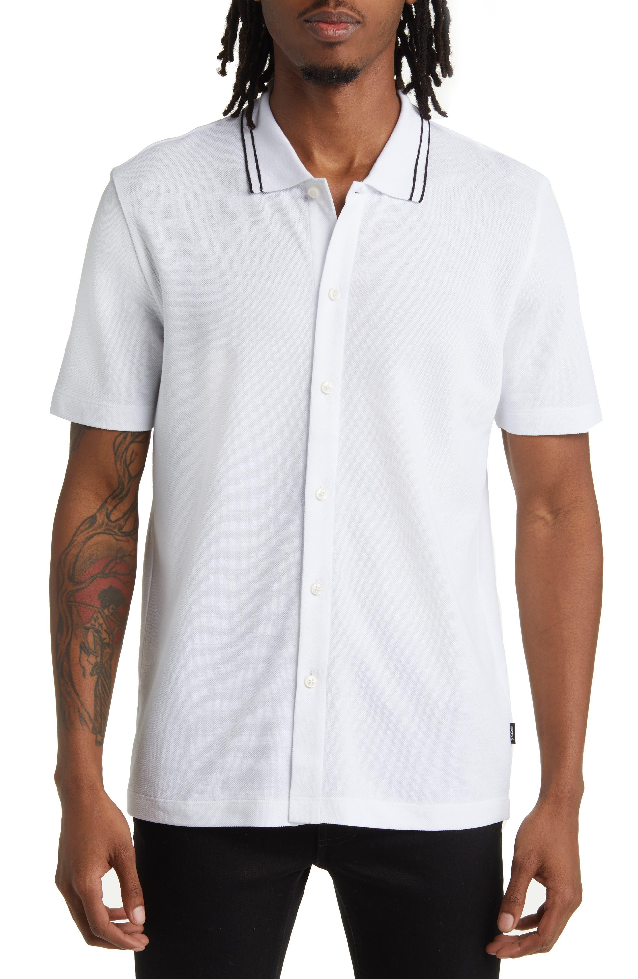 BOSS by HUGO BOSS Pitton Tipped Short Sleeve Cotton Button-up Shirt in White  for Men | Lyst