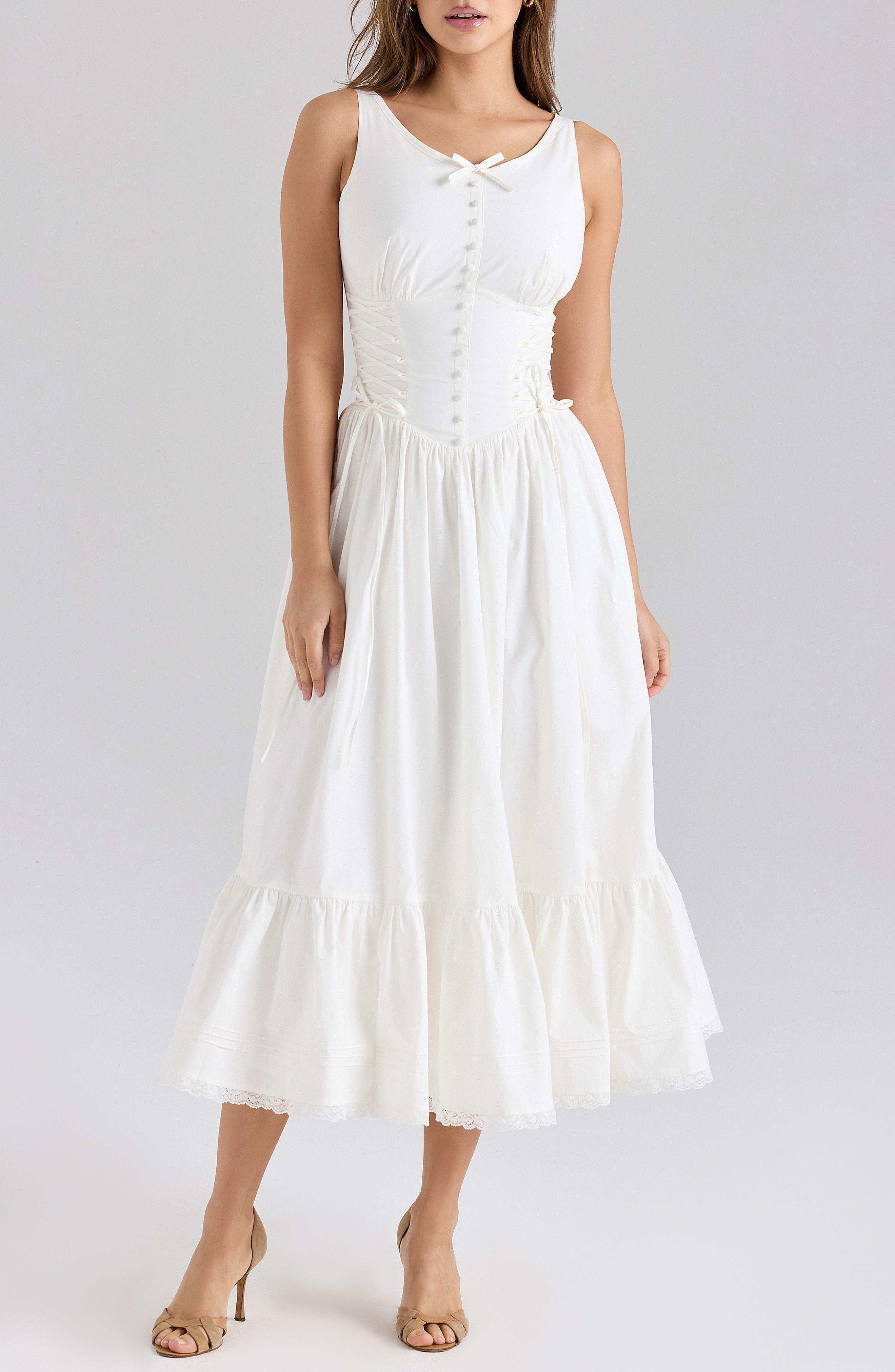 house of cb a line dress Sienna Sleeveless A-Line in White A-Line Bell-Sleeve Shift Dress(Mustard) The plunging neckline is size:0 Size:2XL (20/22)