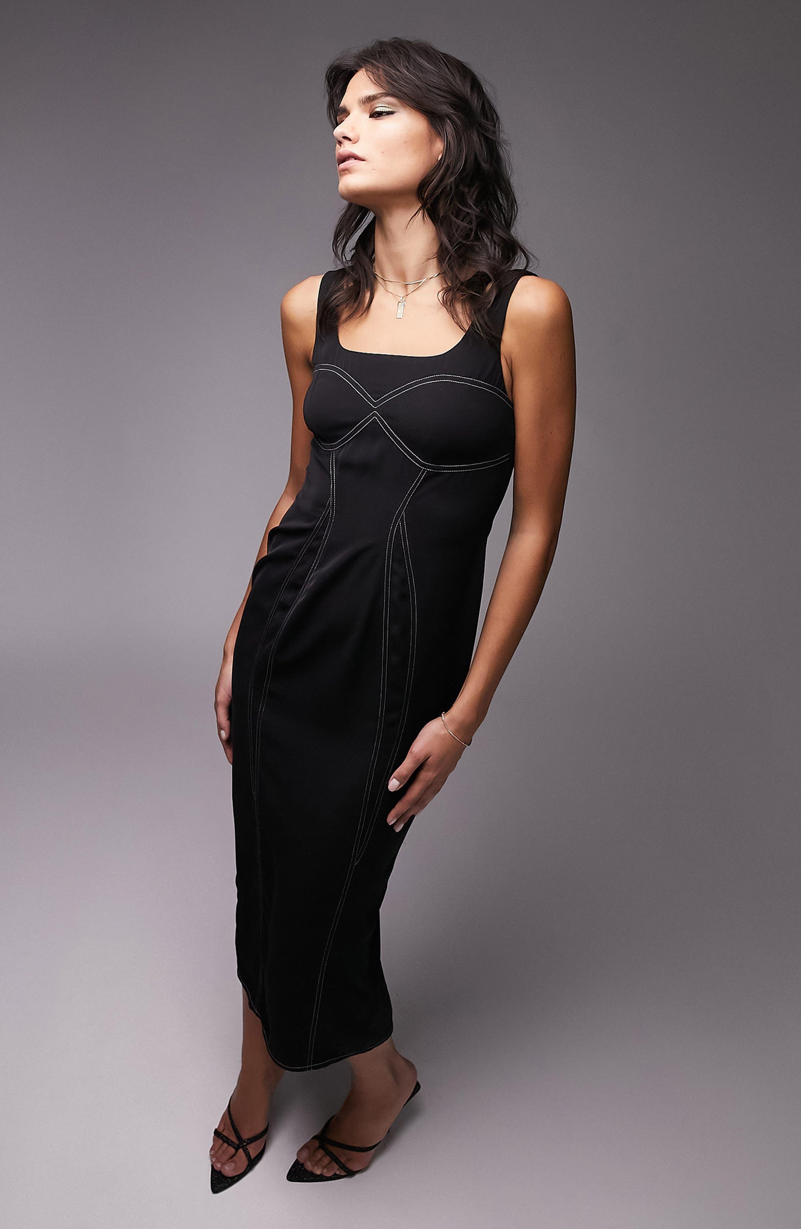 TOPSHOP Fishtail Topstitch Midi Dress in Black Lyst