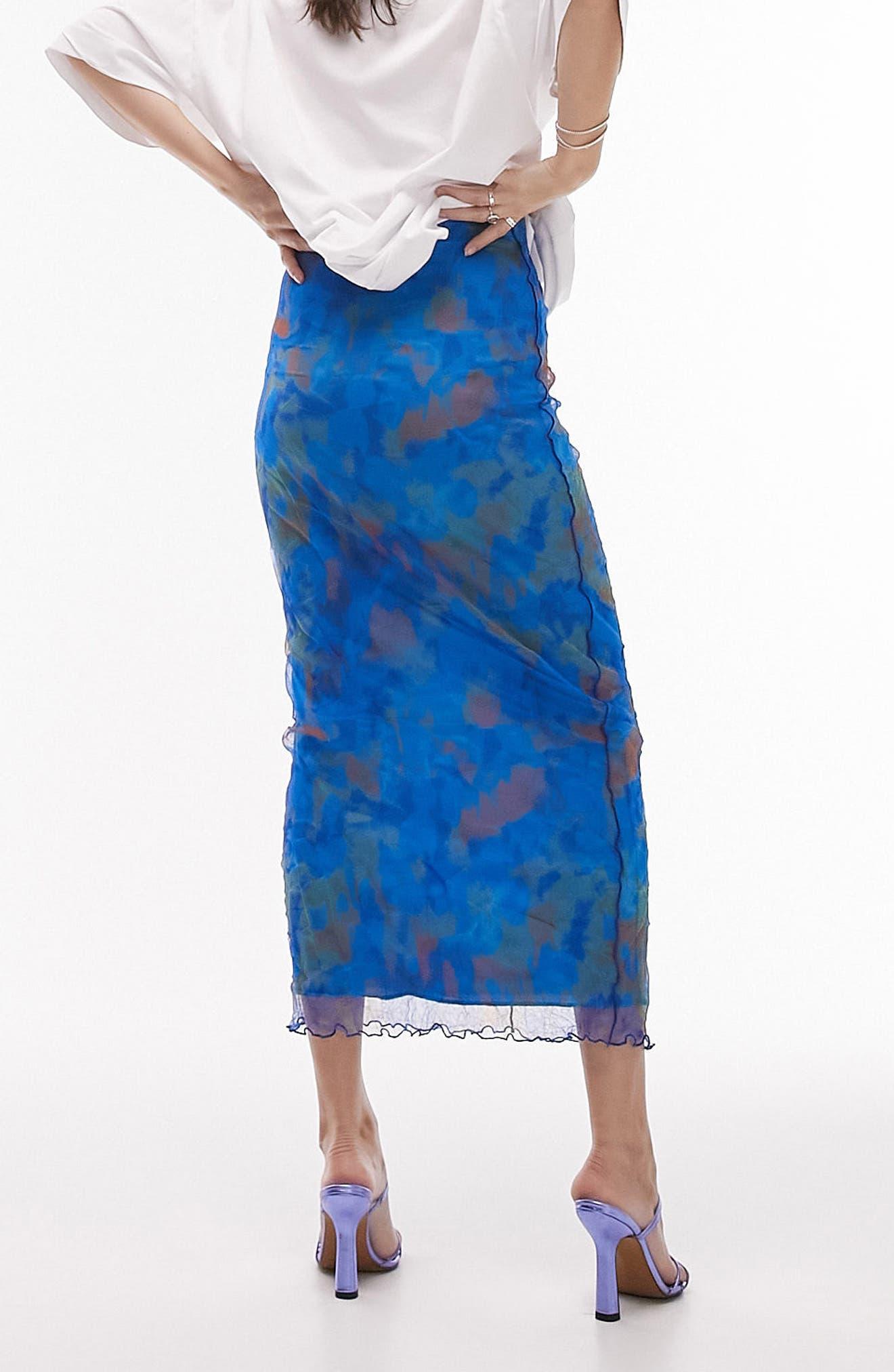 TOPSHOP Abstract Print Mesh Midi Skirt in Blue | Lyst