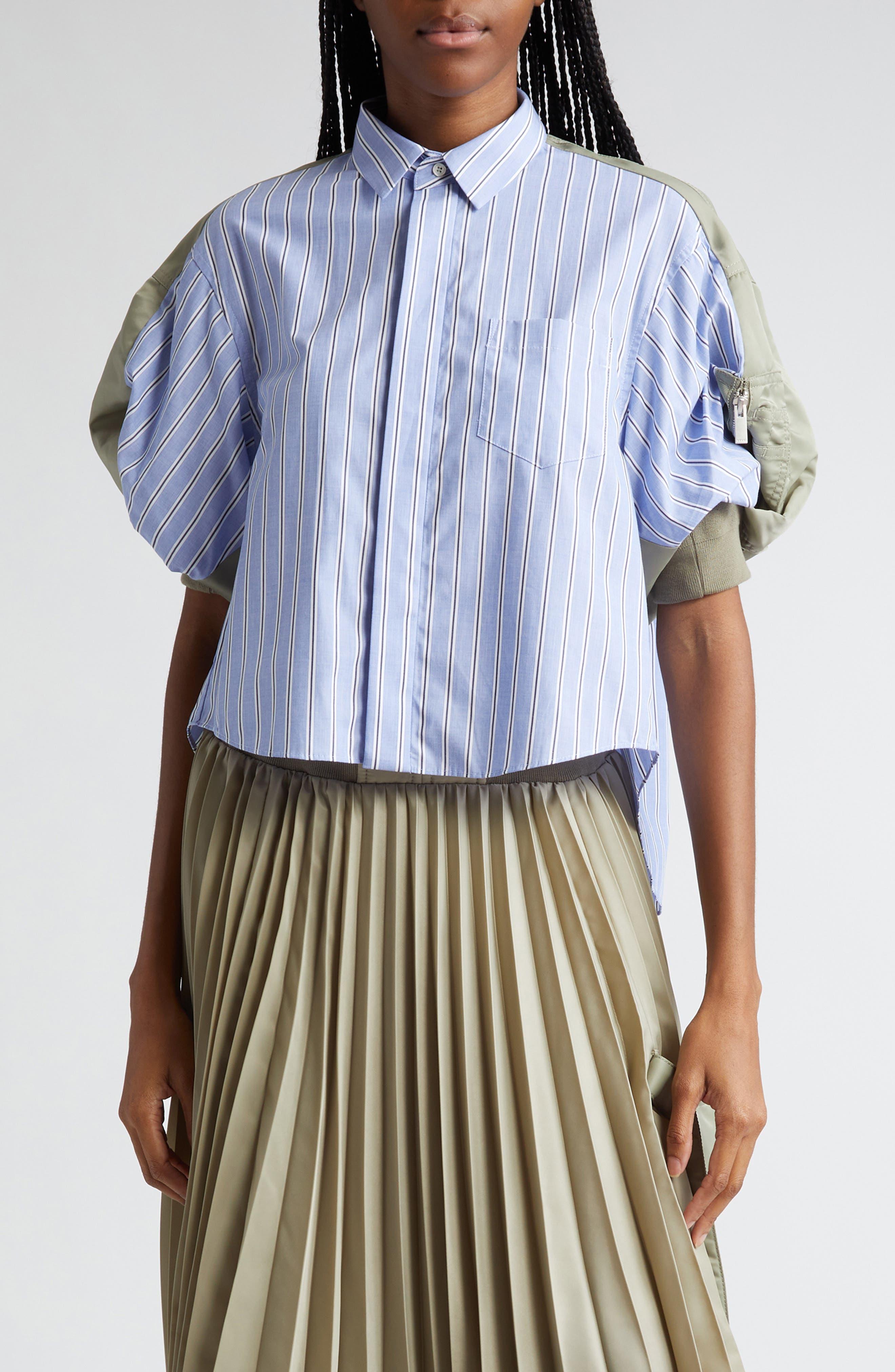 Sacai Mixed Media Stripe Puff Sleeve Cotton Poplin & Nylon Shirt