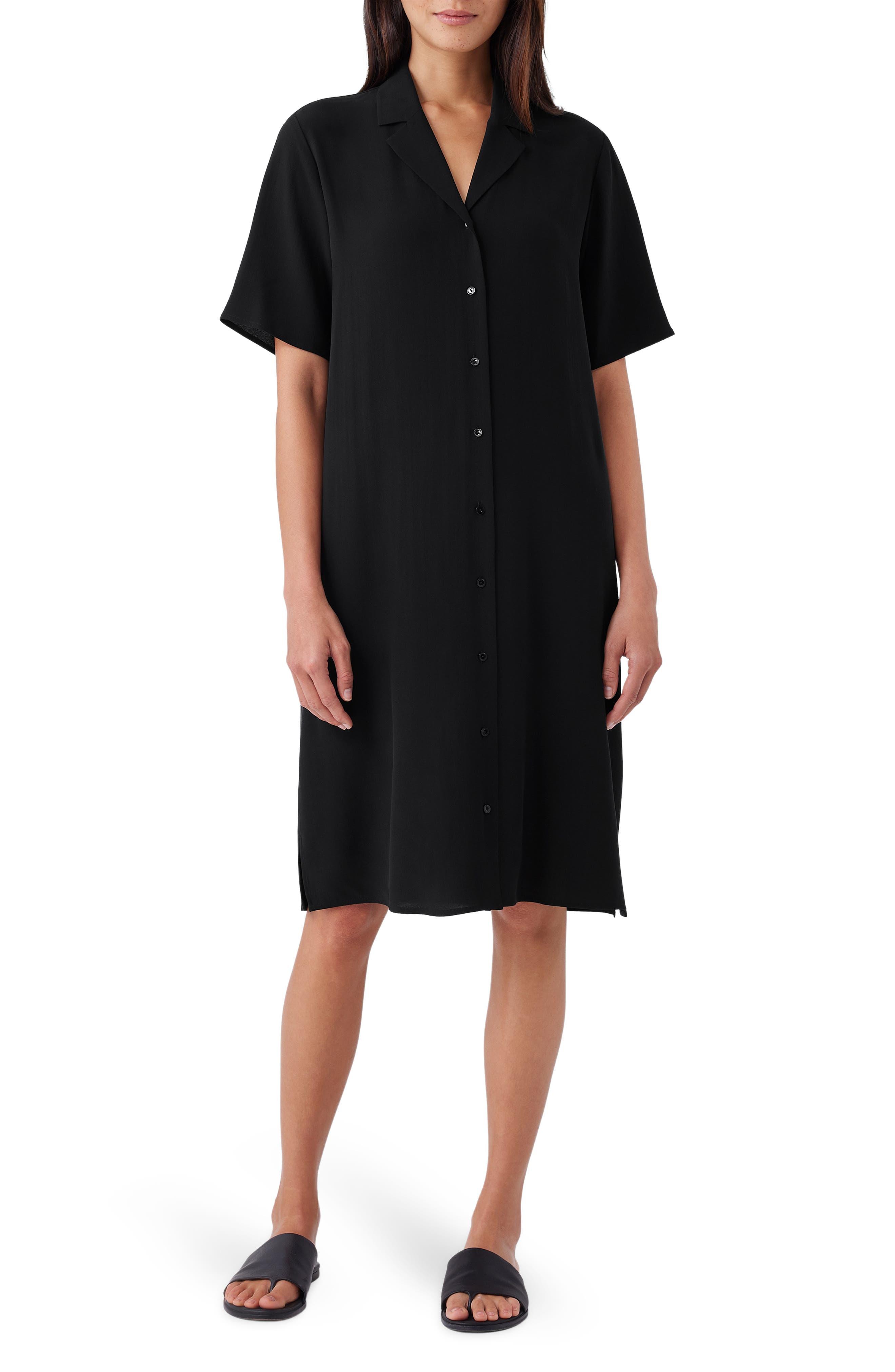 Eileen Fisher Silk Crepe Notch Collar Dress in Black Lyst