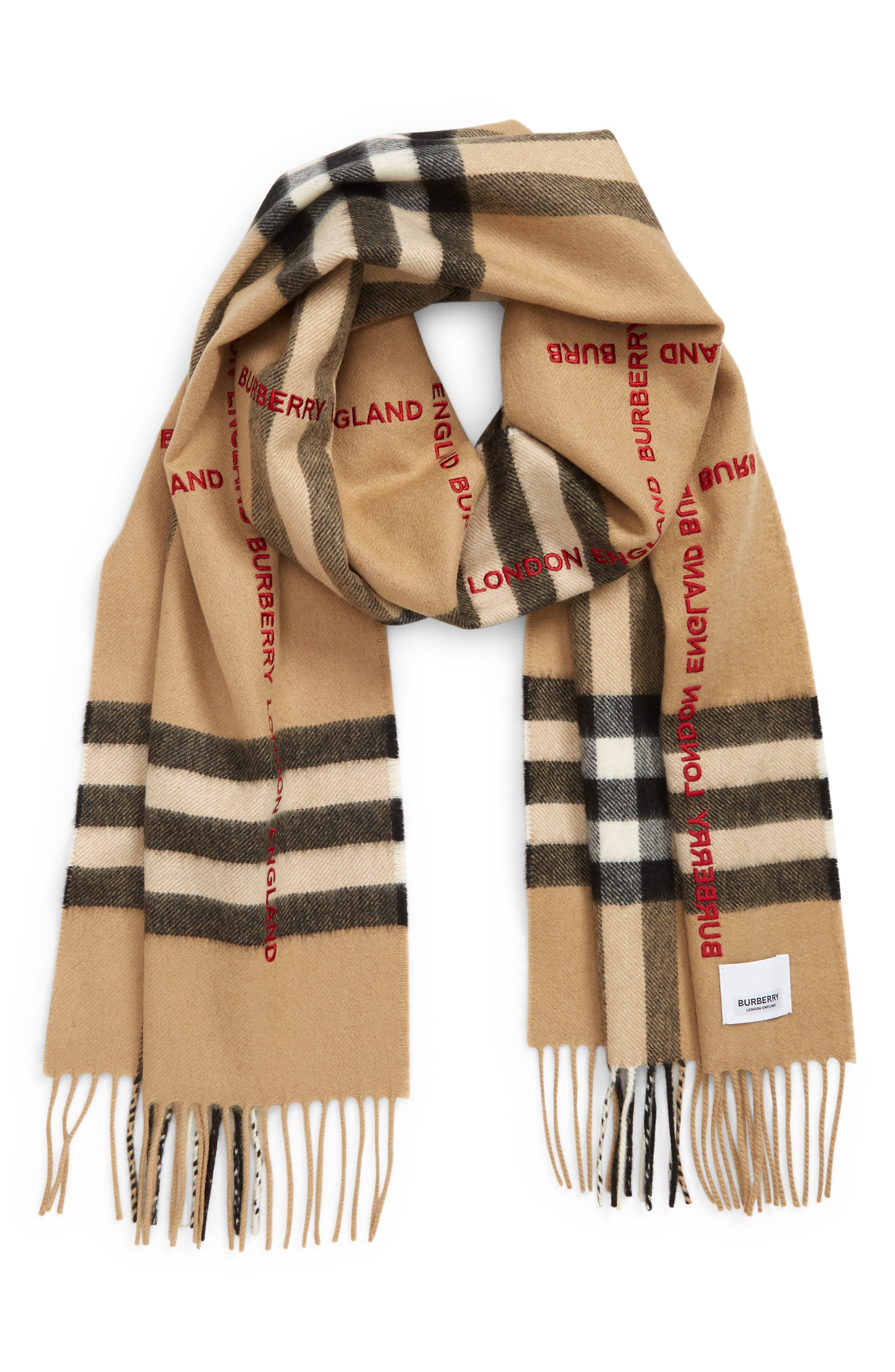 Burberry Embroidered Check Cashmere Fringe Scarf in Metallic | Lyst
