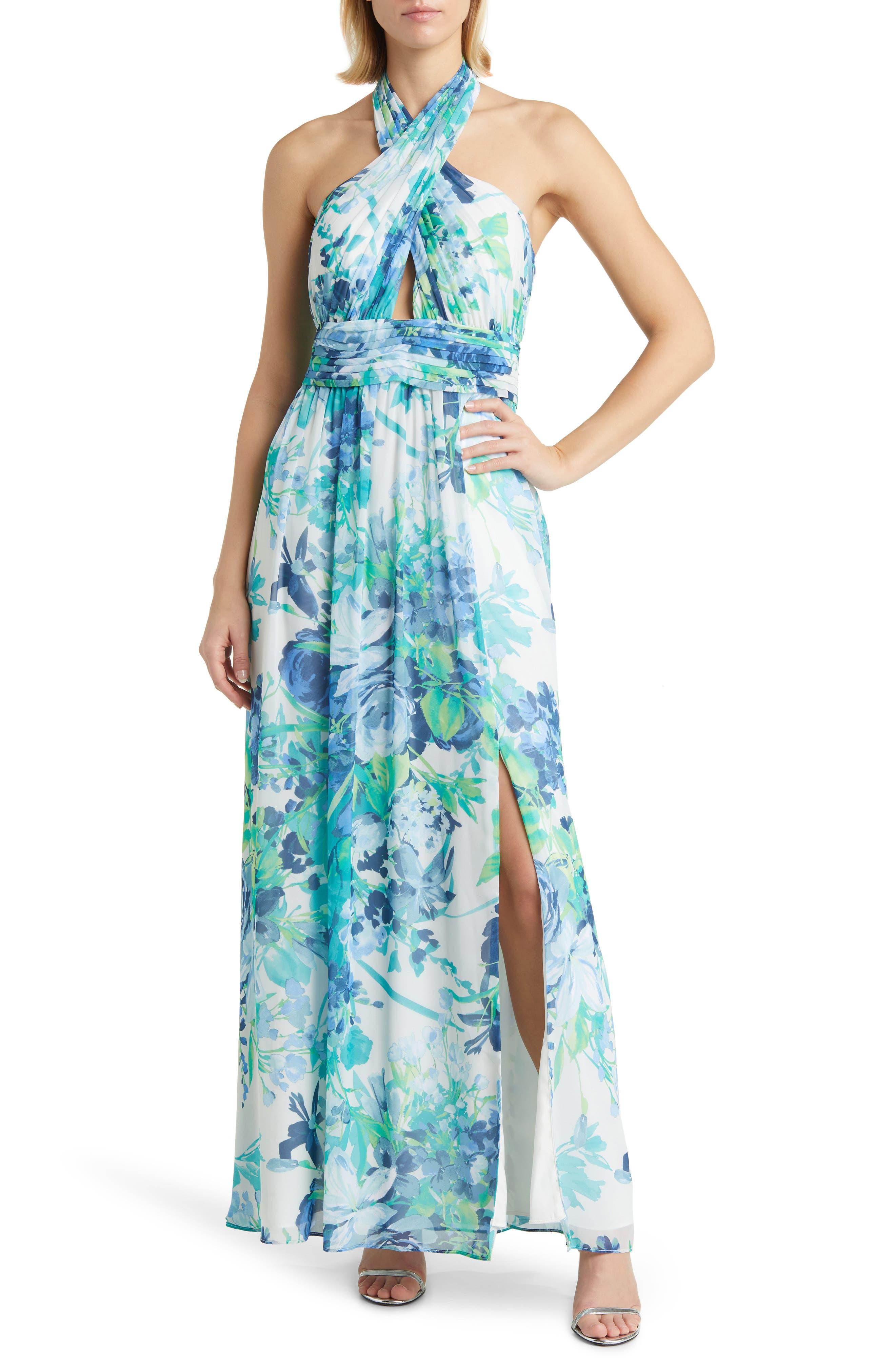 Eliza J Floral Halter Neck A-line Gown in Blue | Lyst