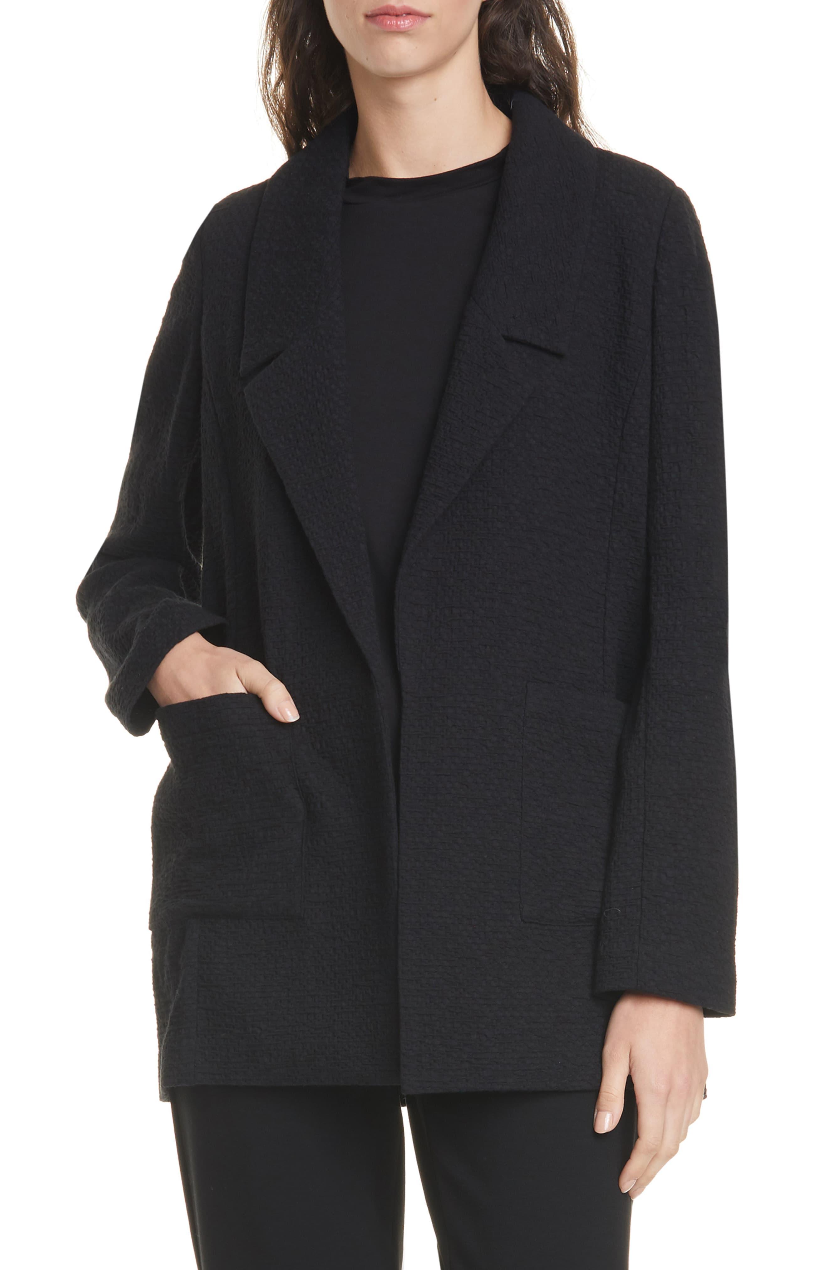 Eileen Fisher Cotton Notched Collar Textured Jacket in Black Lyst