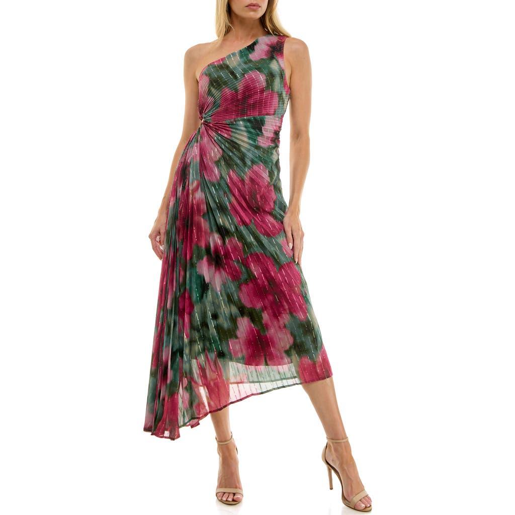 Socialite Floral Metallic Stripe One-Shoulder Pleated Dress in Red