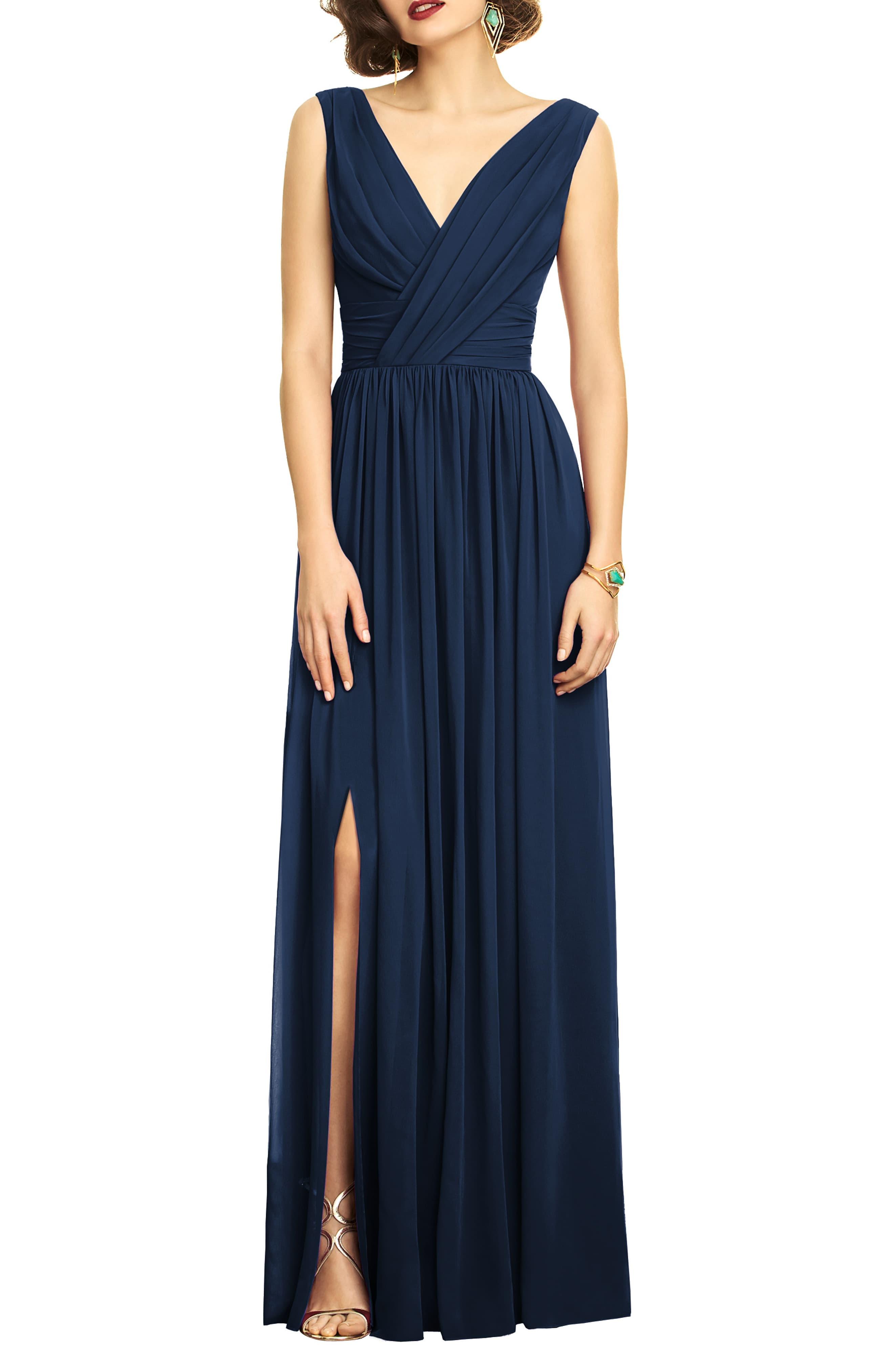 Dessy Collection Lux V-neck Chiffon Gown in Midnight (Blue) - Save 14% ...