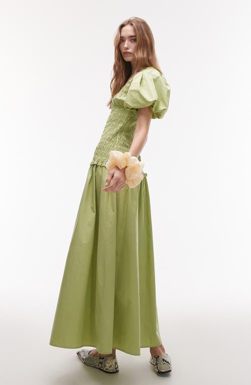 TOPSHOP Puff Sleeve Smocked Drop-Waist Cotton Maxi Dress in Green | Lyst