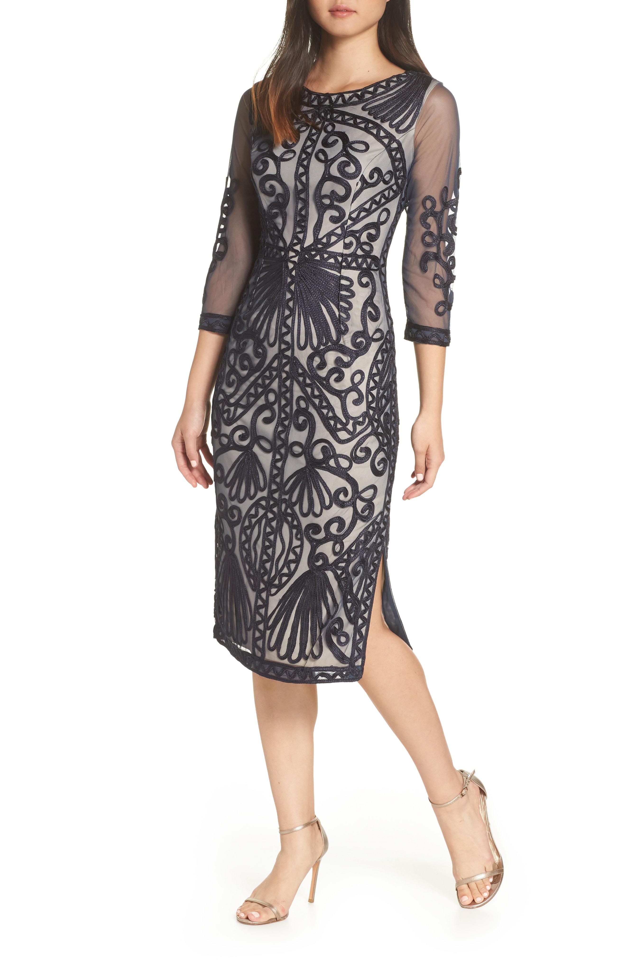 sheer sleeve soutache sheath dress