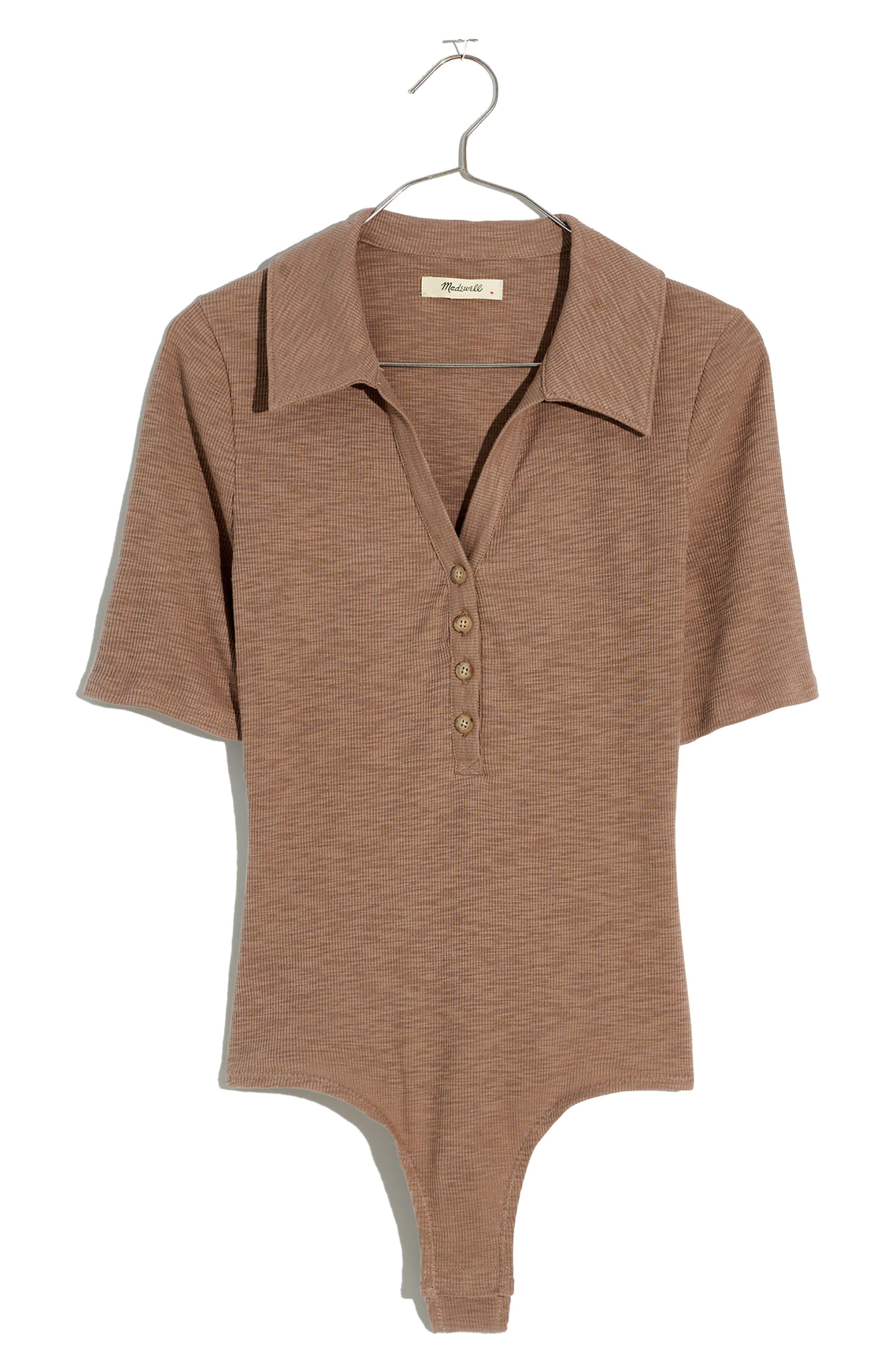 Madewell Ribbed Short Sleeve Polo Thong Bodysuit in Brown Lyst