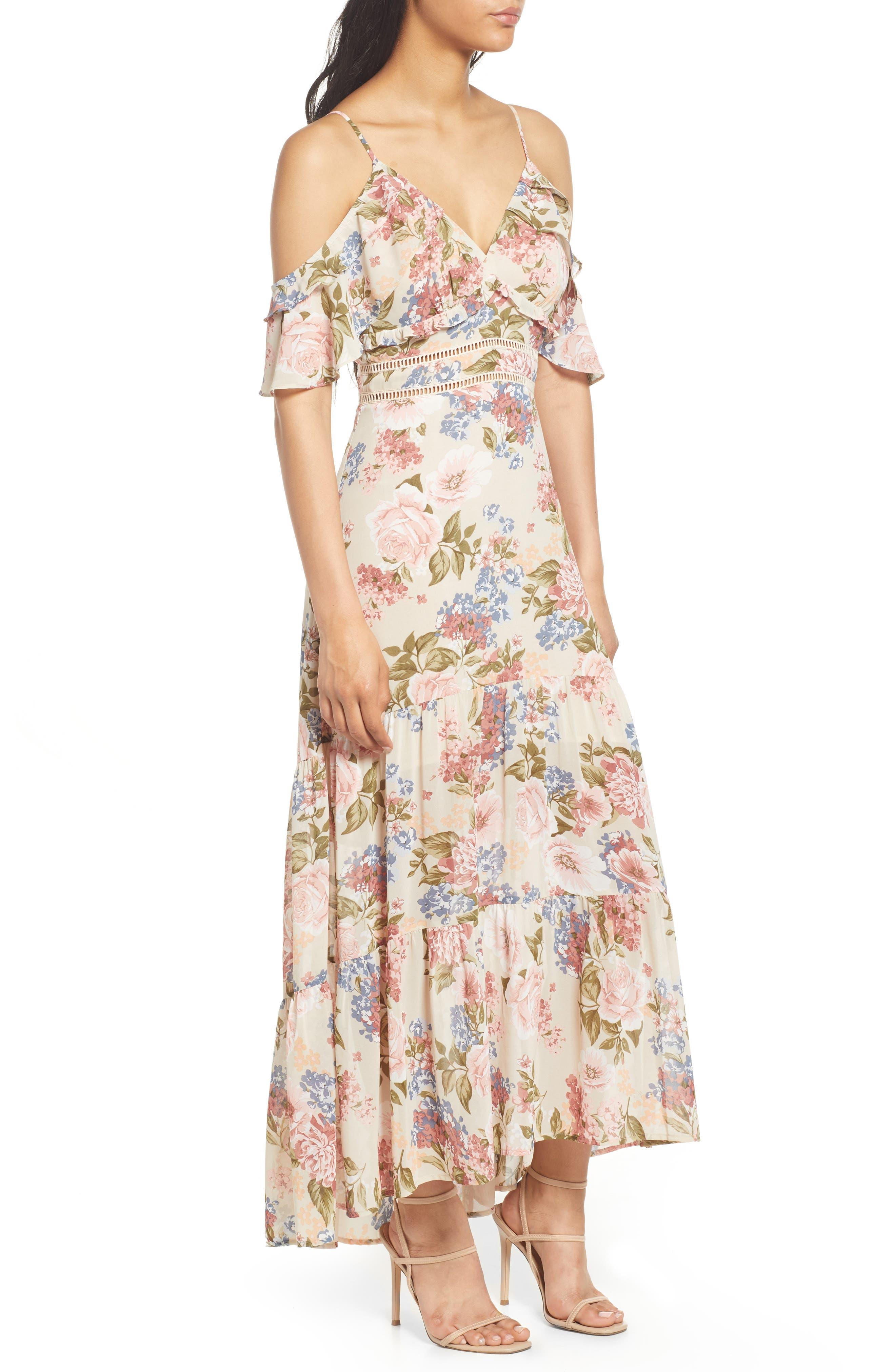 FLORET STUDIOS Floral Cold Shoulder Ruffle Maxi Dress in Natural | Lyst