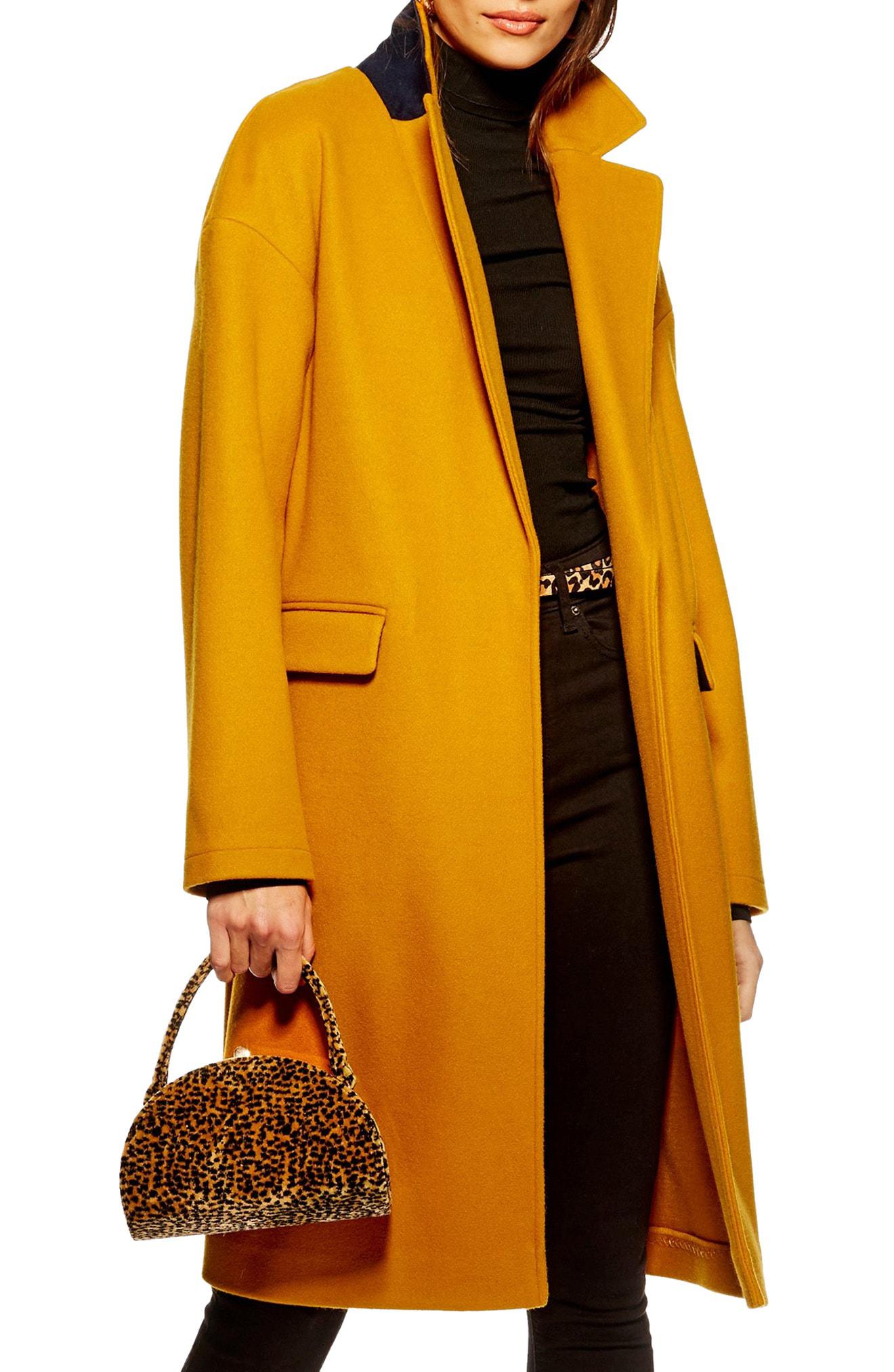Topshop Wool Lily Knit Back Midi Coat In Mustard Yellow Lyst