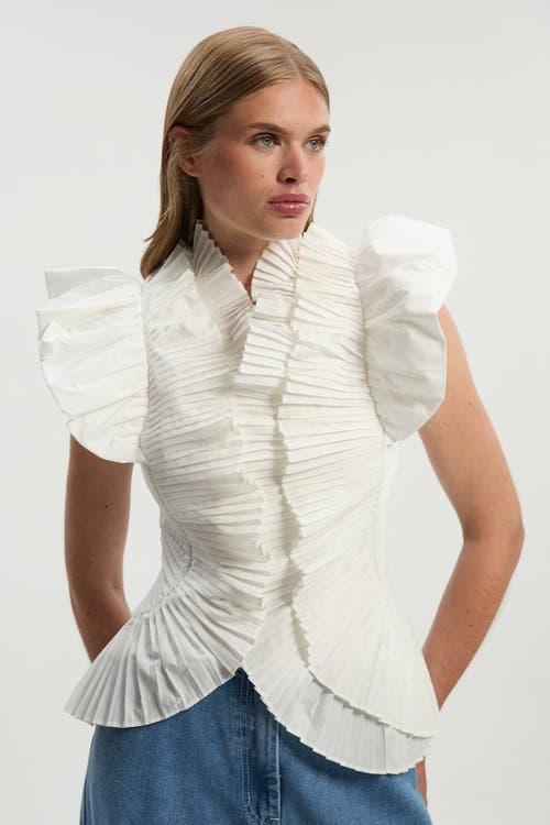 Karen Millen Pleated Ruffle Sleeve Woven Top in White | Lyst