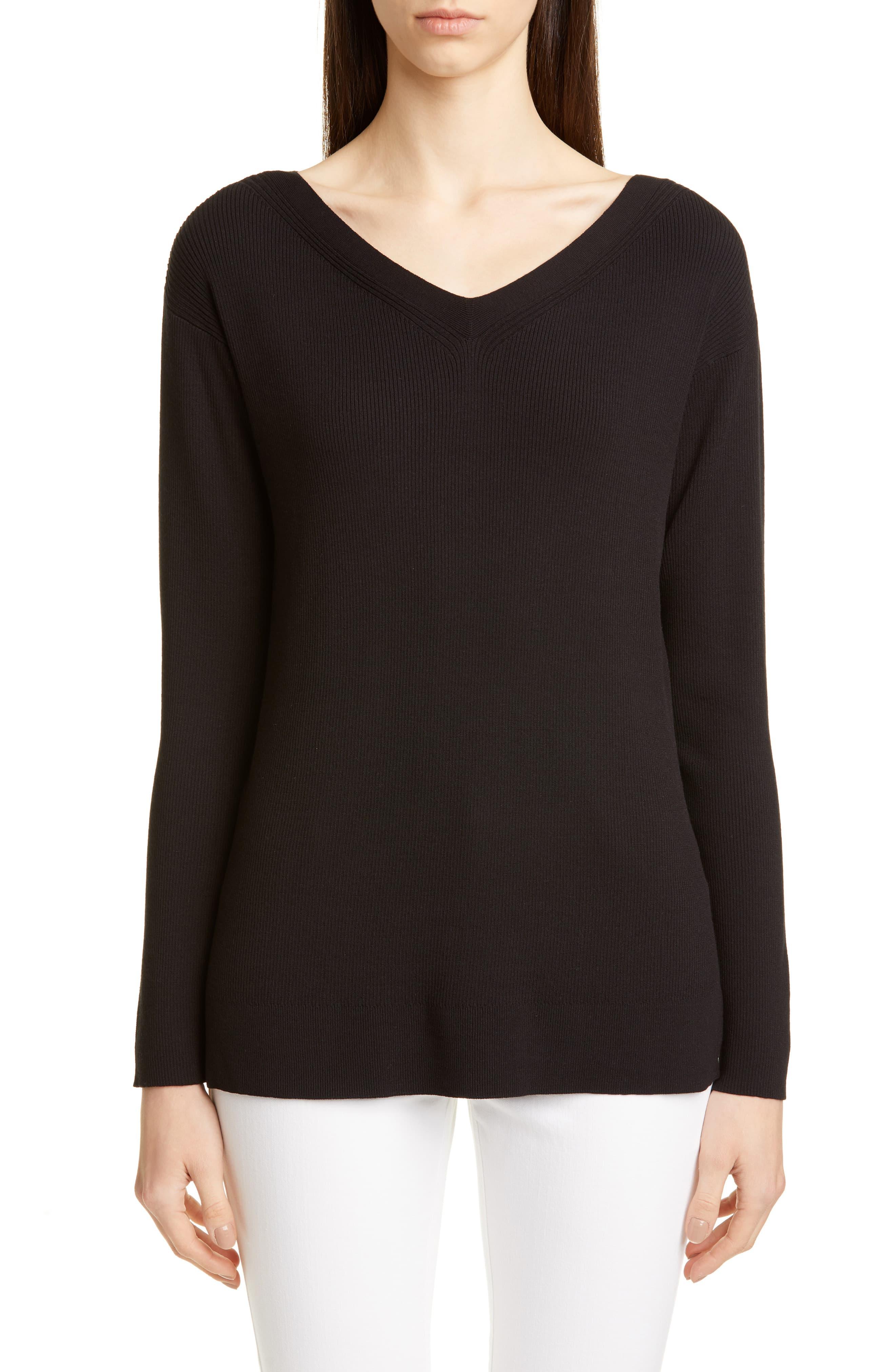 Lafayette 148 New York Wide V-neck Tunic Sweater in Black - Lyst