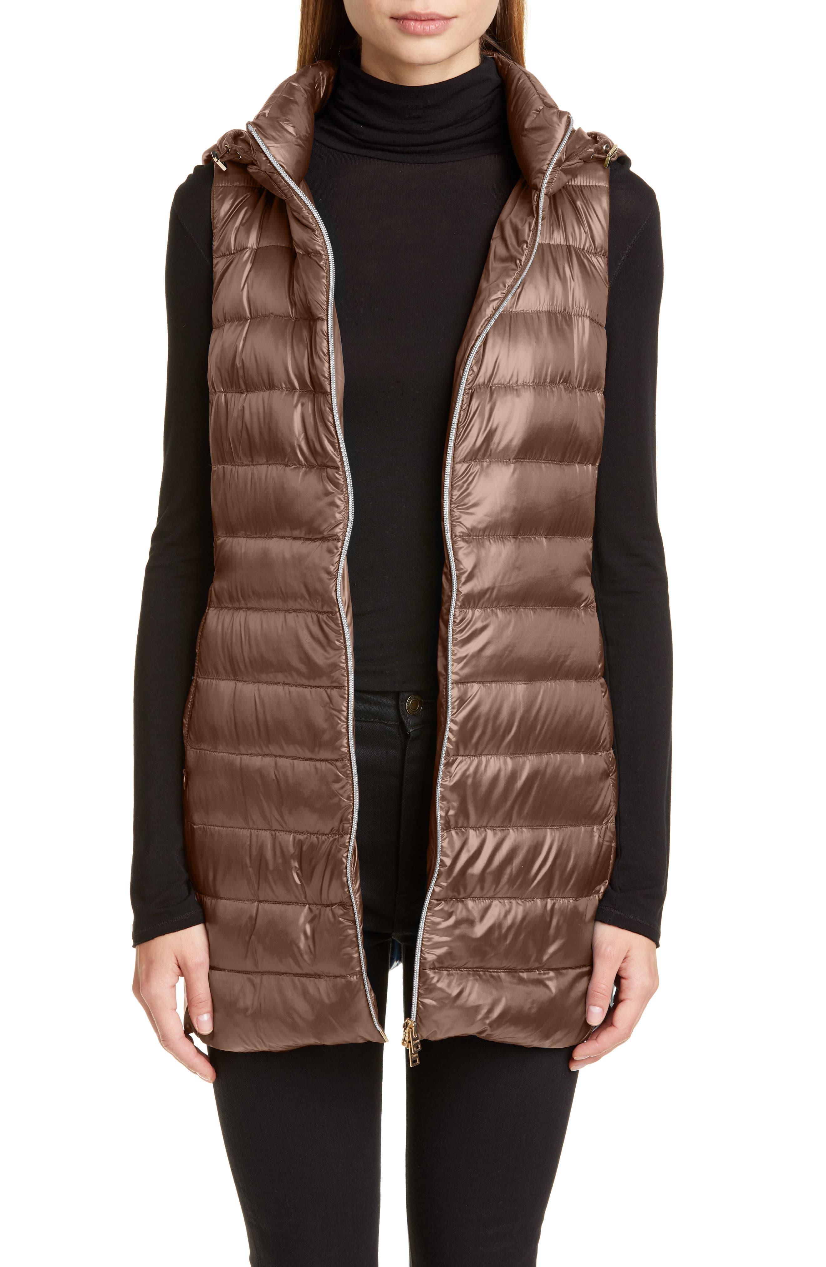 Herno Synthetic Long Fitted Down Vest With Removable Hood in Camel