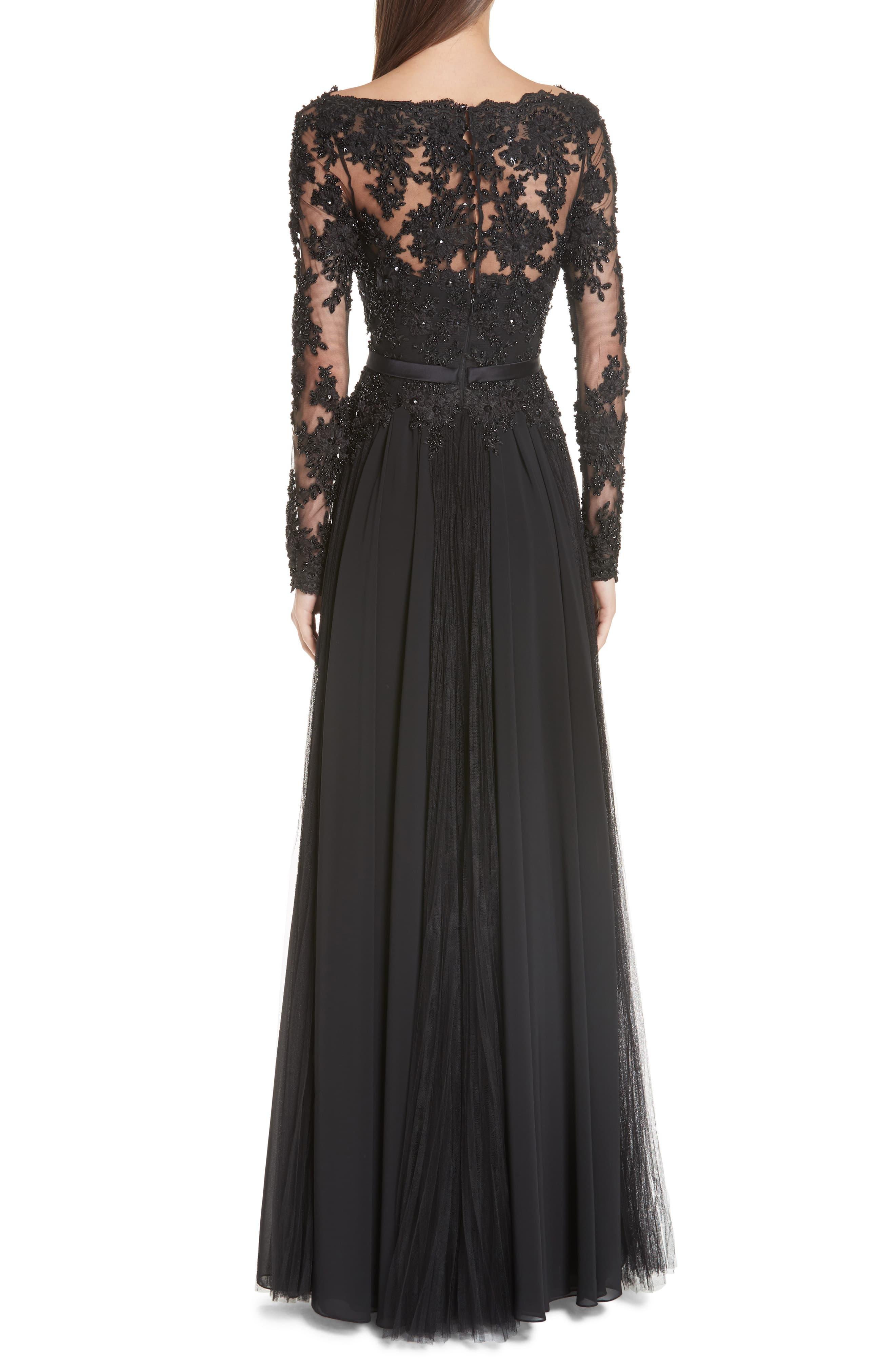 badgley mischka lace sleeve gown