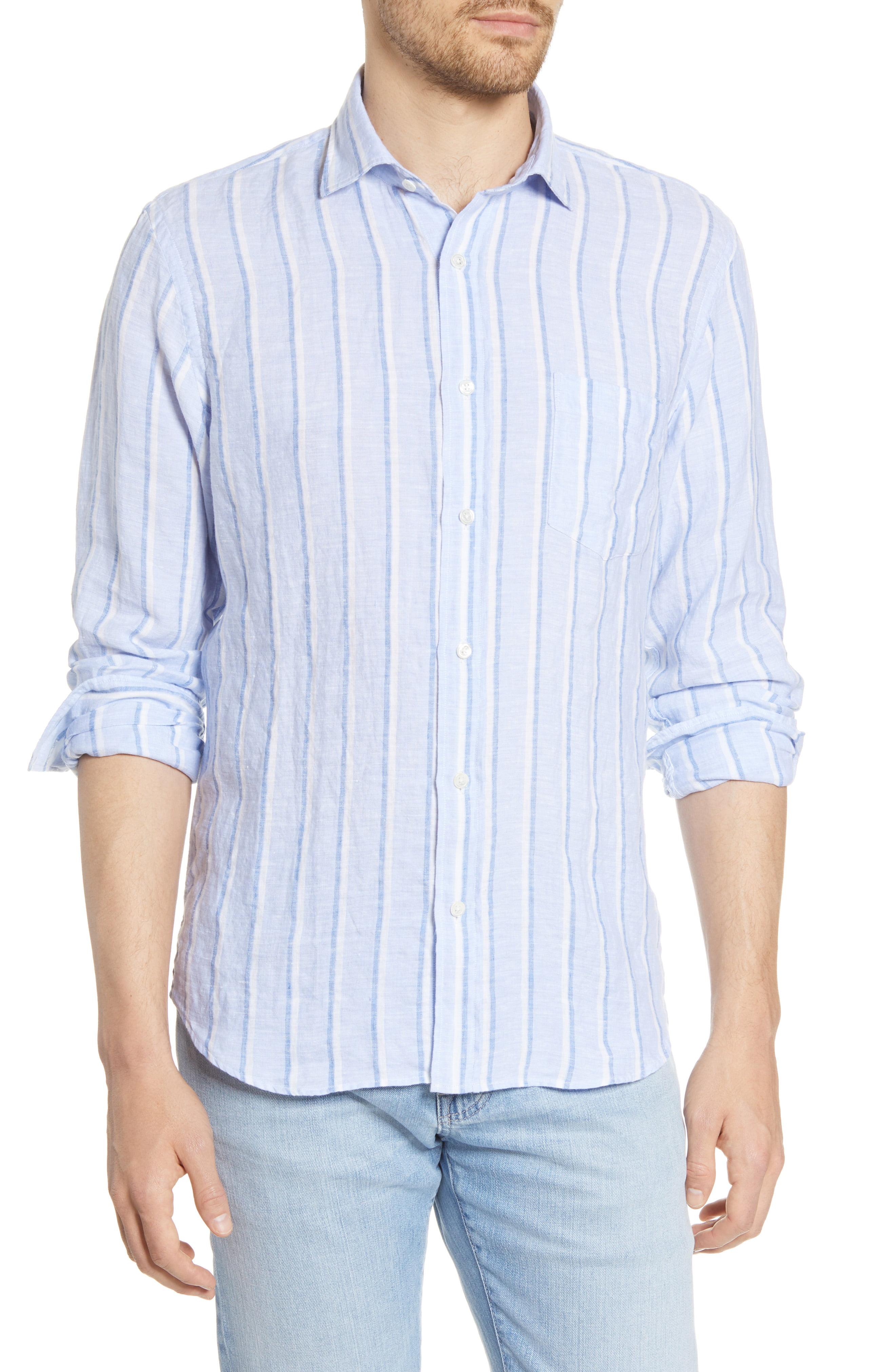 Hartford Paul Regular Fit Stripe Linen Button-up Shirt in White & Blue ...