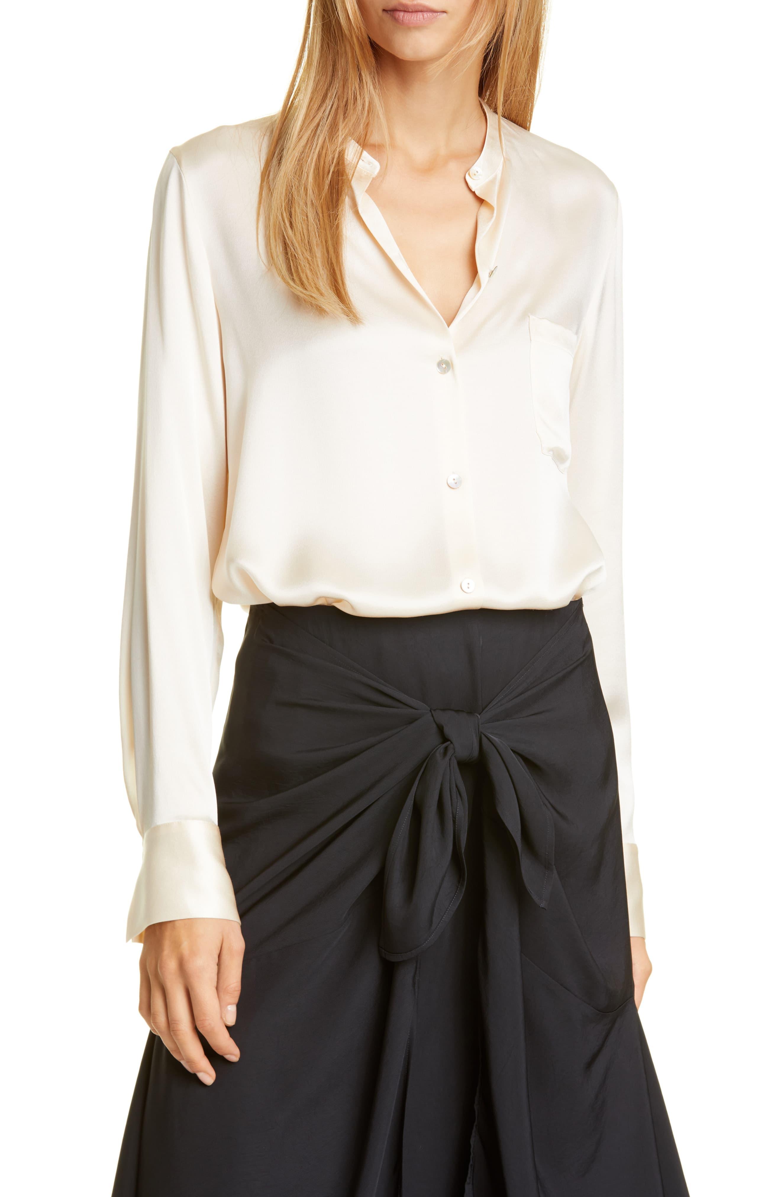 Vince Slim Fit Band Collar Silk Blouse in White Lyst