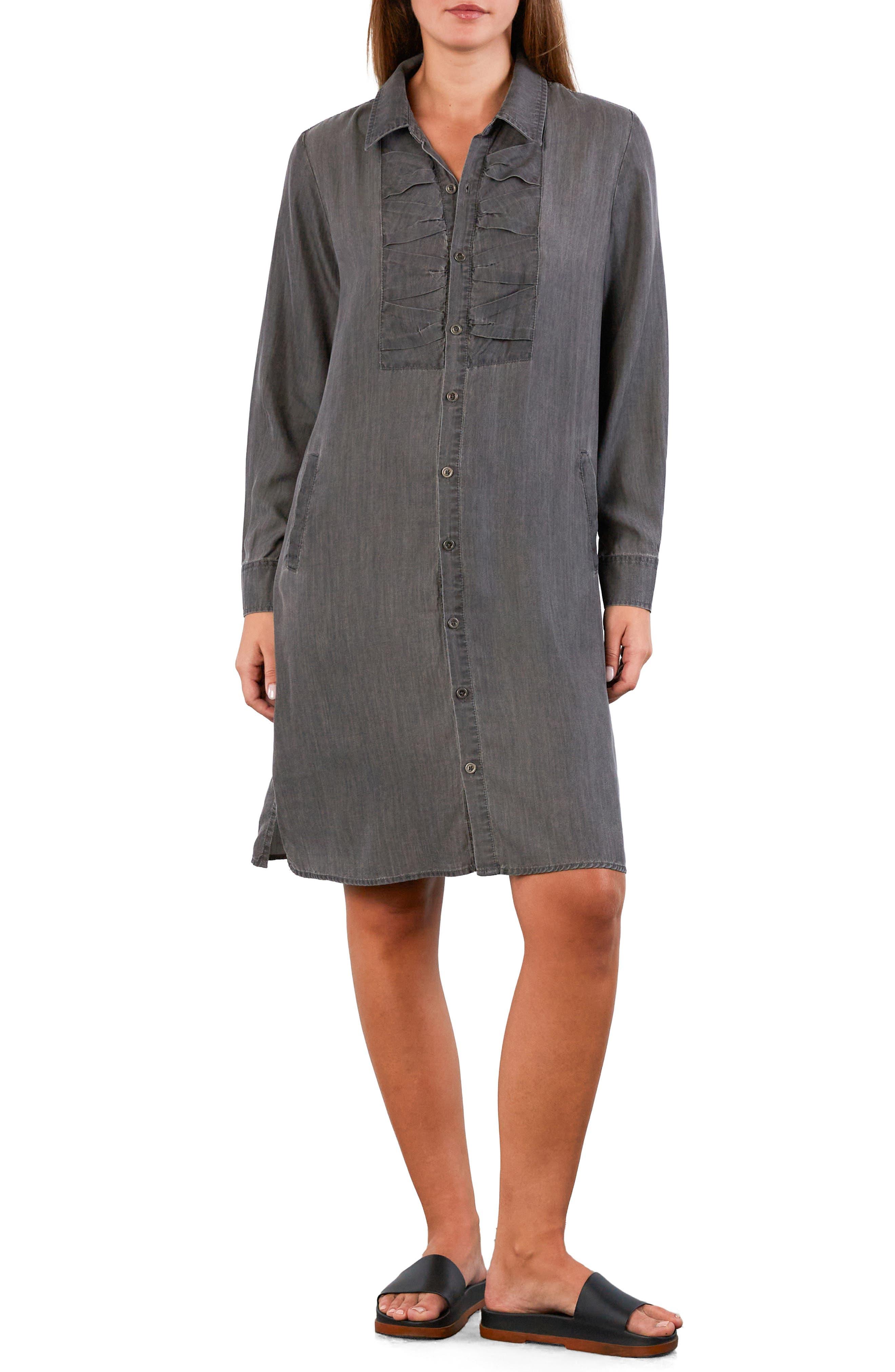 grey lab denim button up maxi dress Wash Kiss The Day Long Sleeve Denim Shirtdress in Gray floor length long denim dress