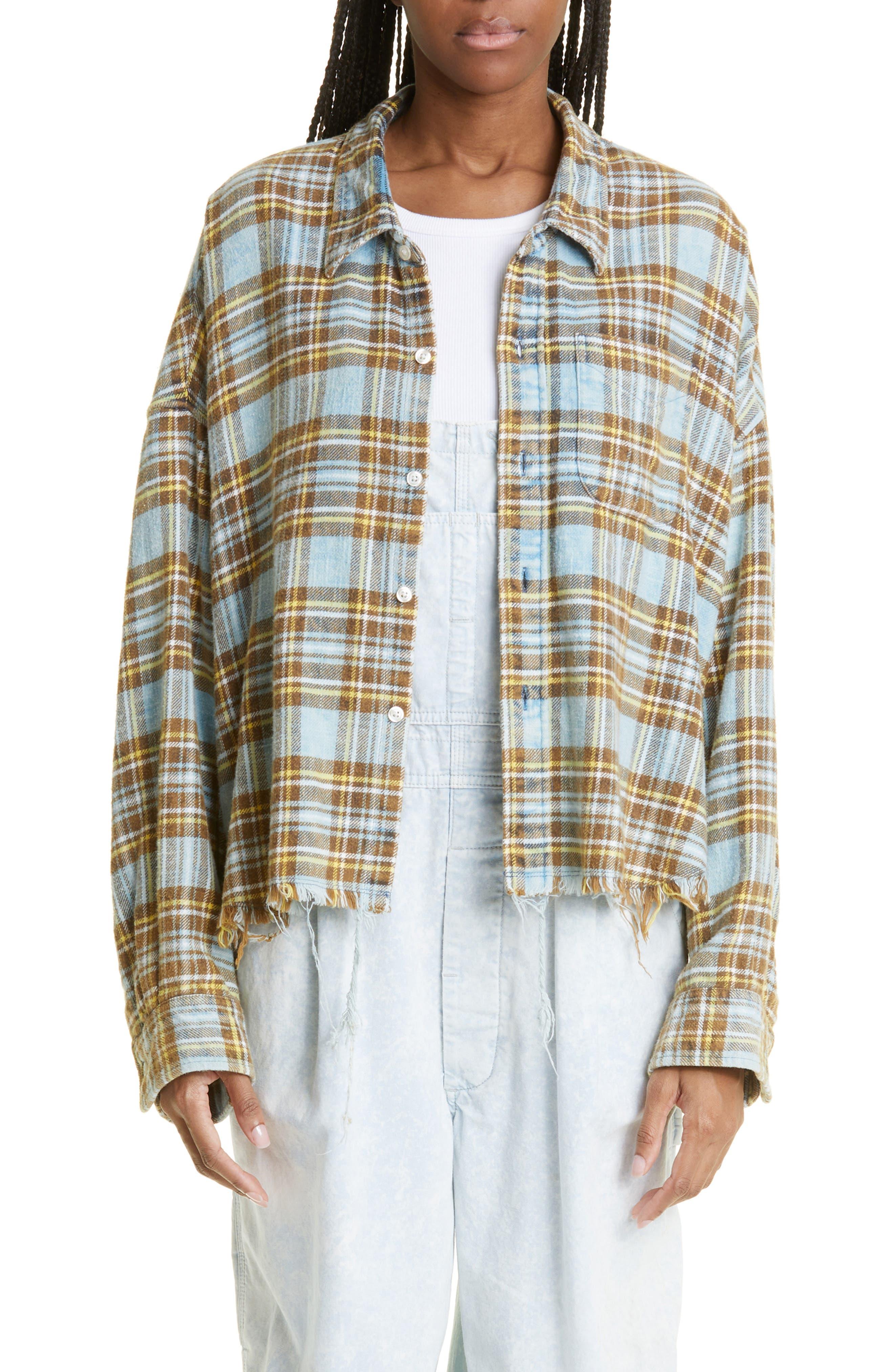 R13 Crop Shredded Seam Cotton Flannel Button-up Shirt in White | Lyst
