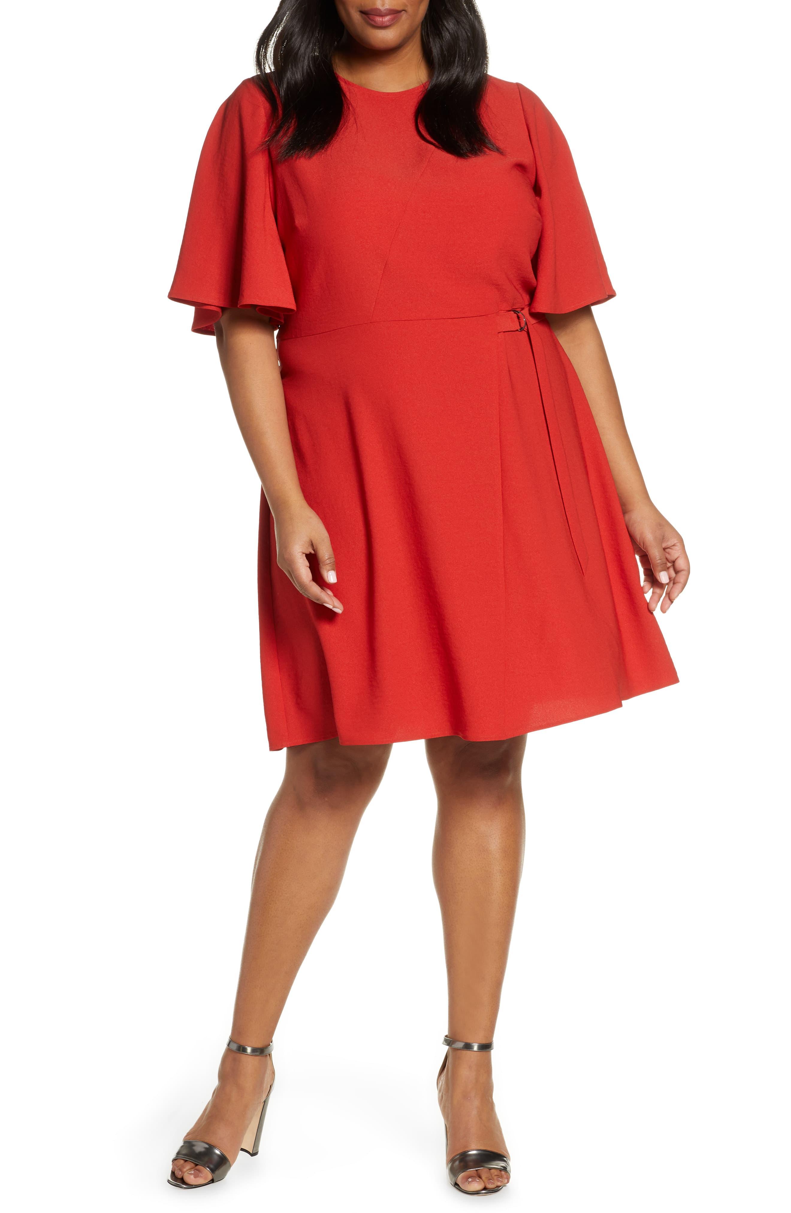 Vince Camuto Flutter Sleeve Rumple Satin Dress in Red - Lyst
