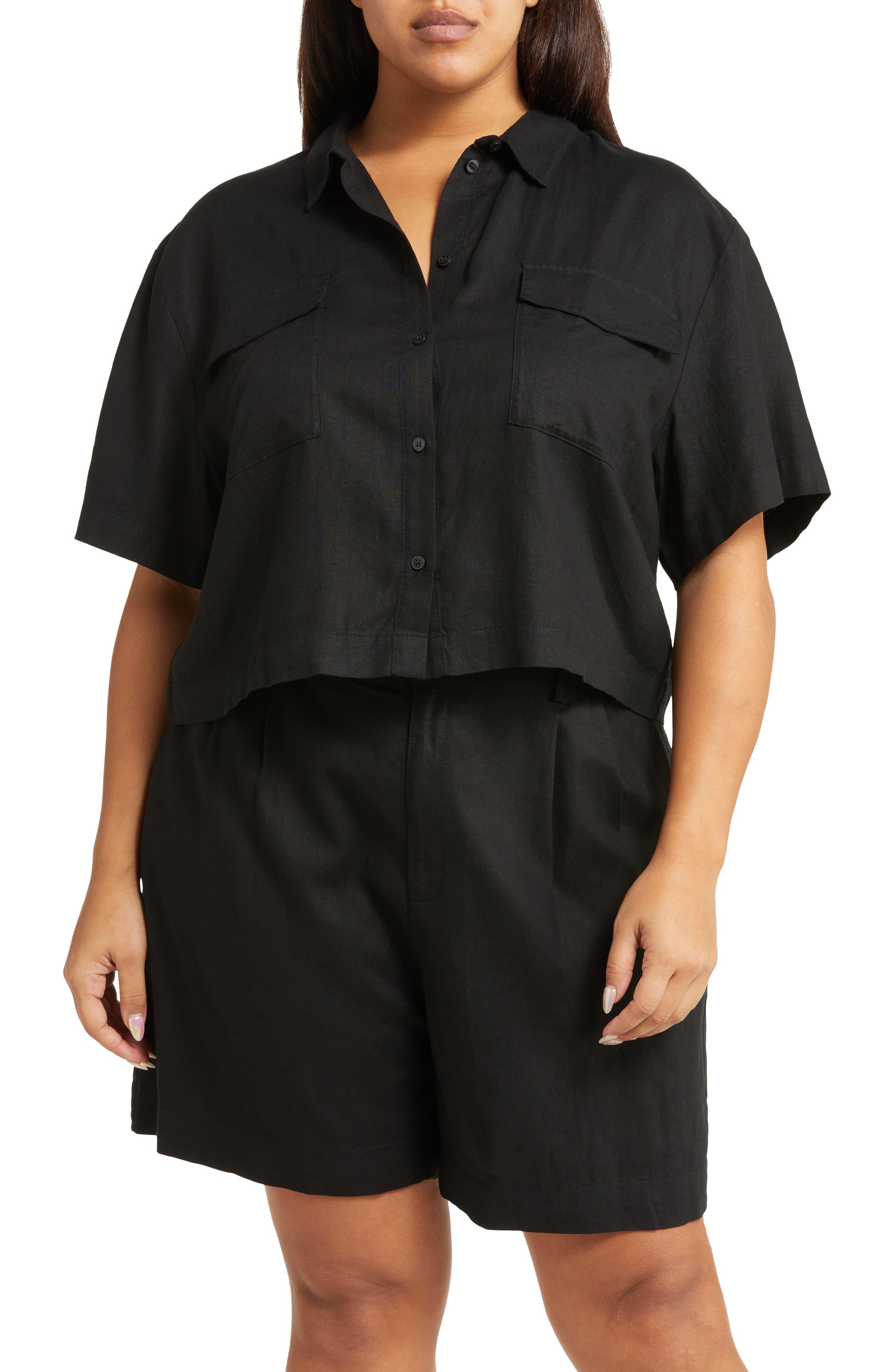 Treasure & Bond Cargo Pocket Crop Camp Shirt in Black Lyst