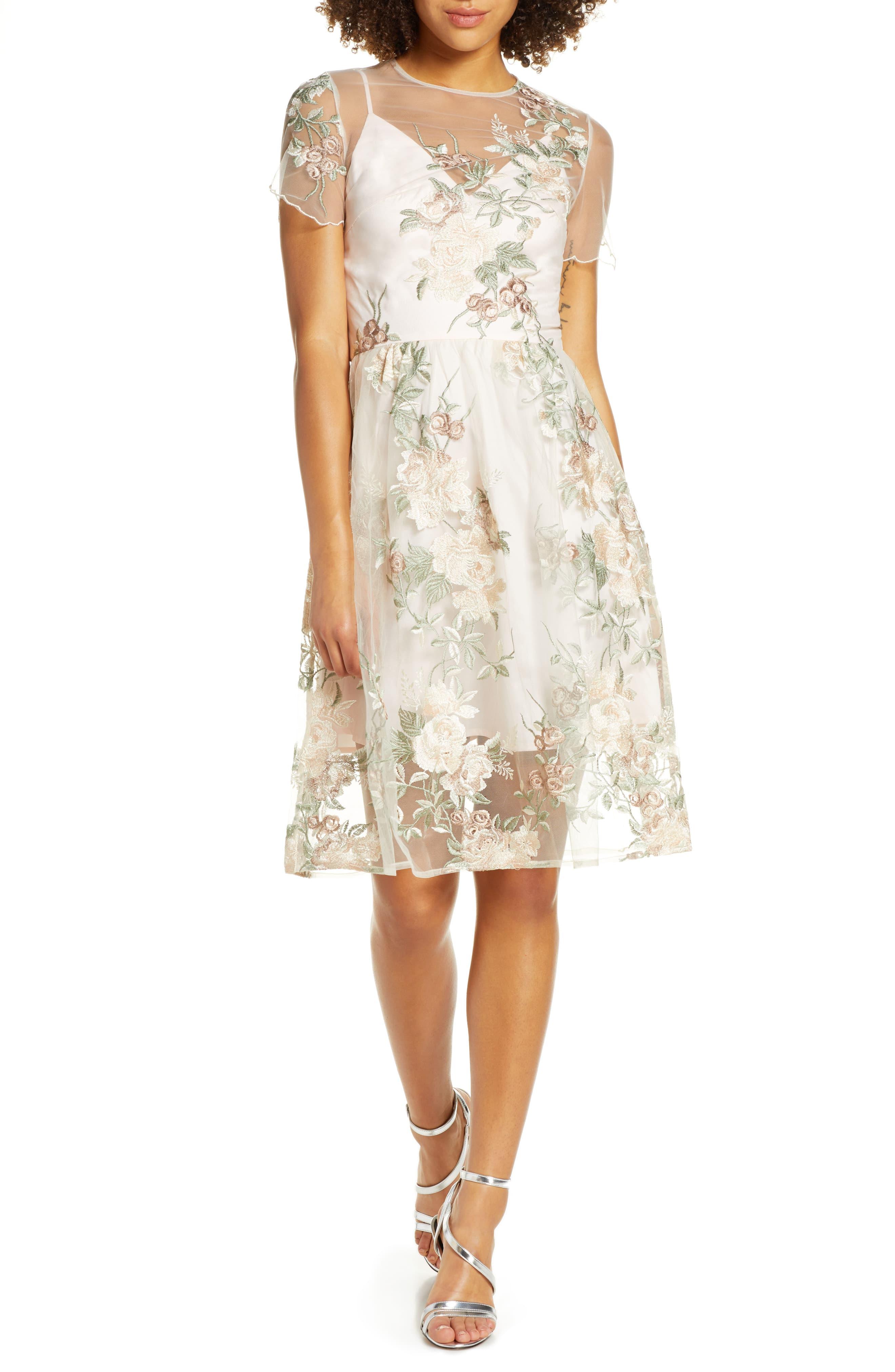 chi chi london embroidered midi dress with sheer overlay in pink