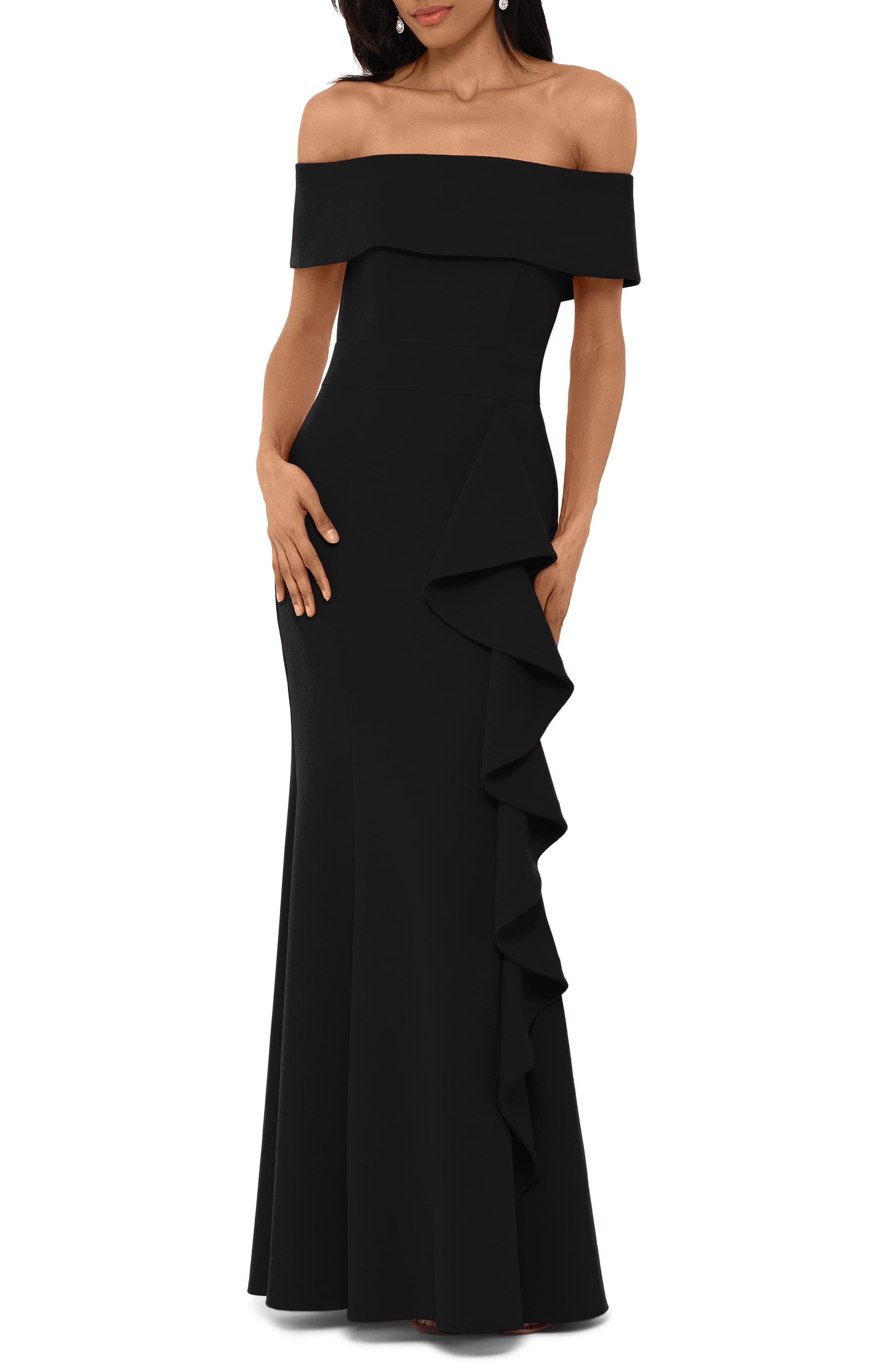 ruffle off the shoulder gown