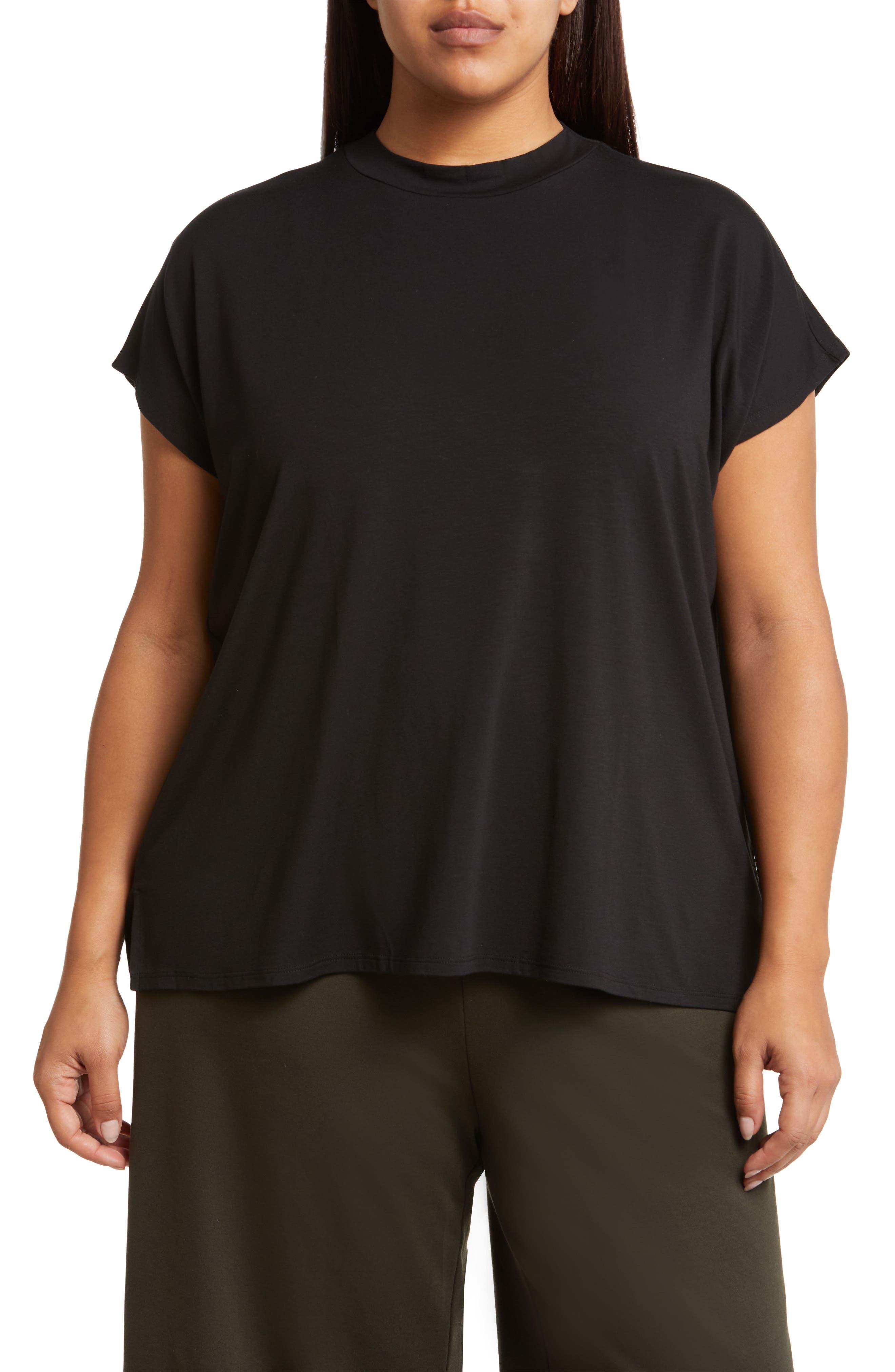 Eileen Fisher Mock Neck Tshirt in Black Lyst