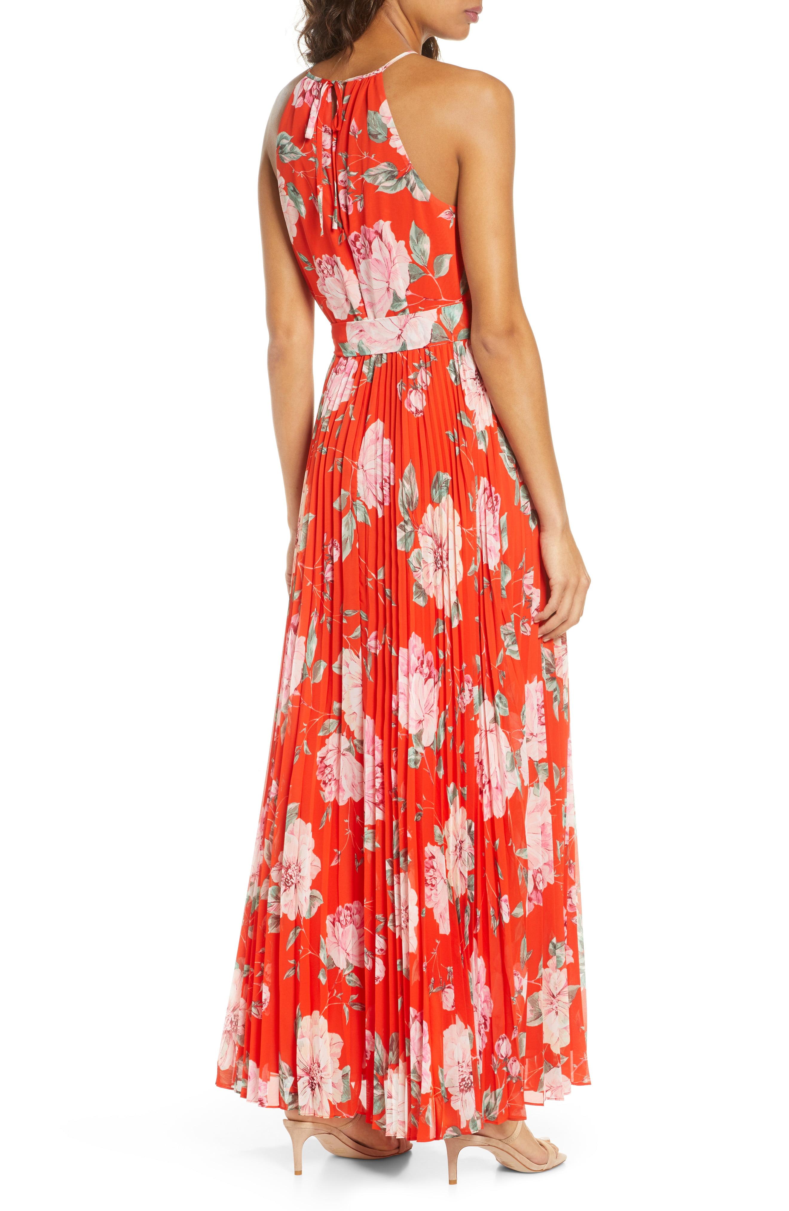 Eliza J Chiffon Floral Halter Neck Pleated Maxi Dress In Poppy Red Lyst
