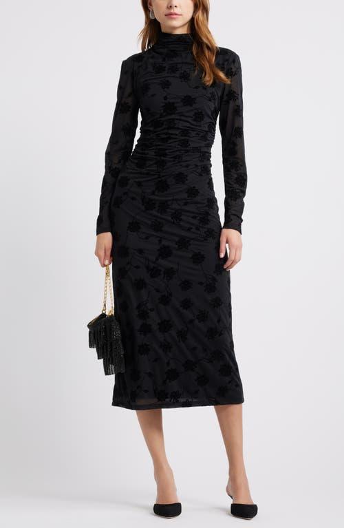 Open Edit Flocked Floral Long Sleeve Dress in Black | Lyst