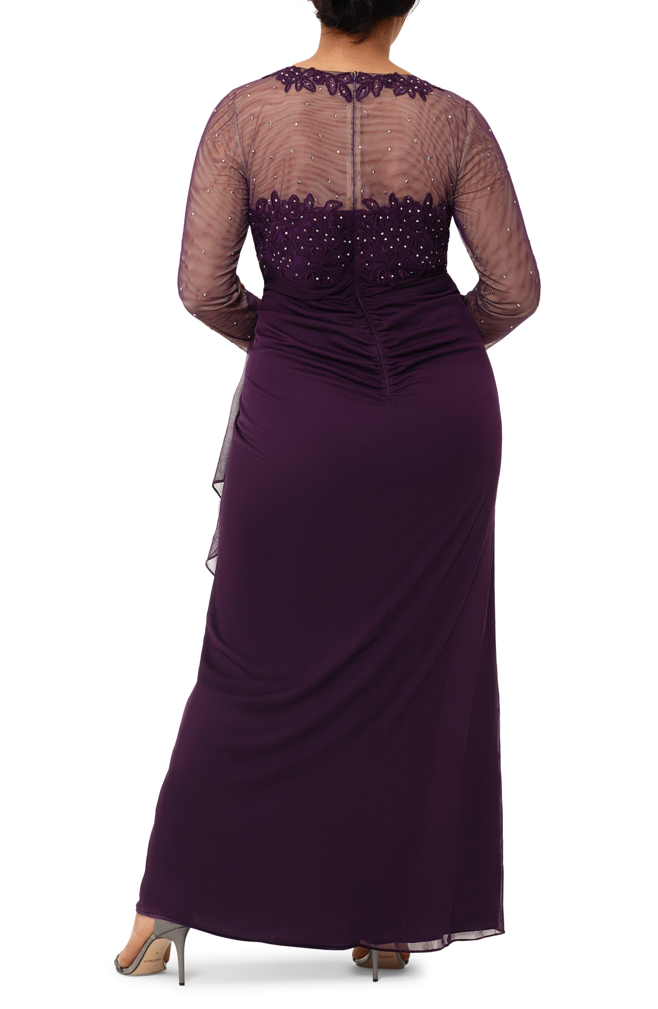 xscape lace sleeve chiffon gown