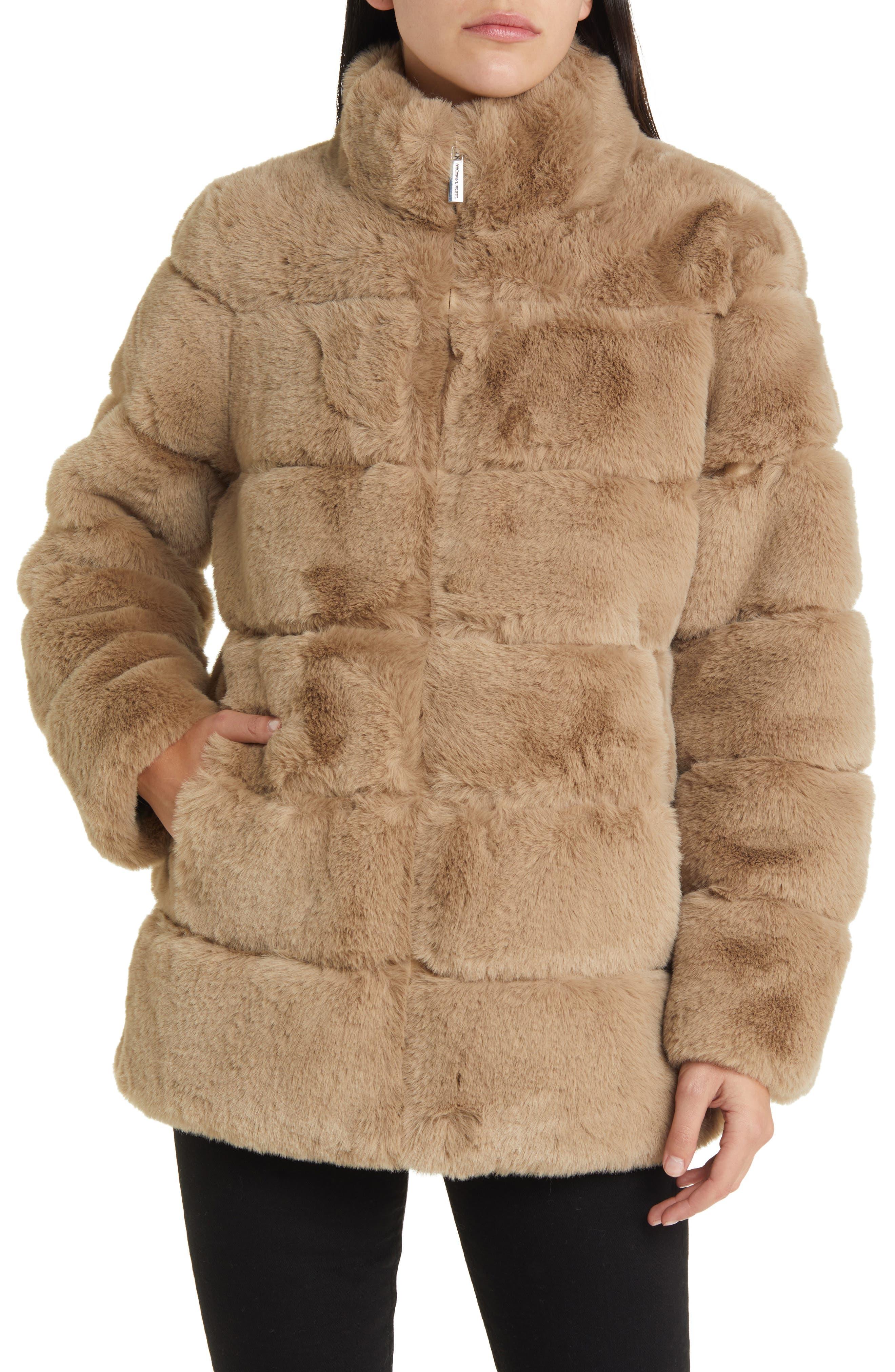 MICHAEL Michael Kors Stand Collar Faux Fur Walking Coat in Natural | Lyst