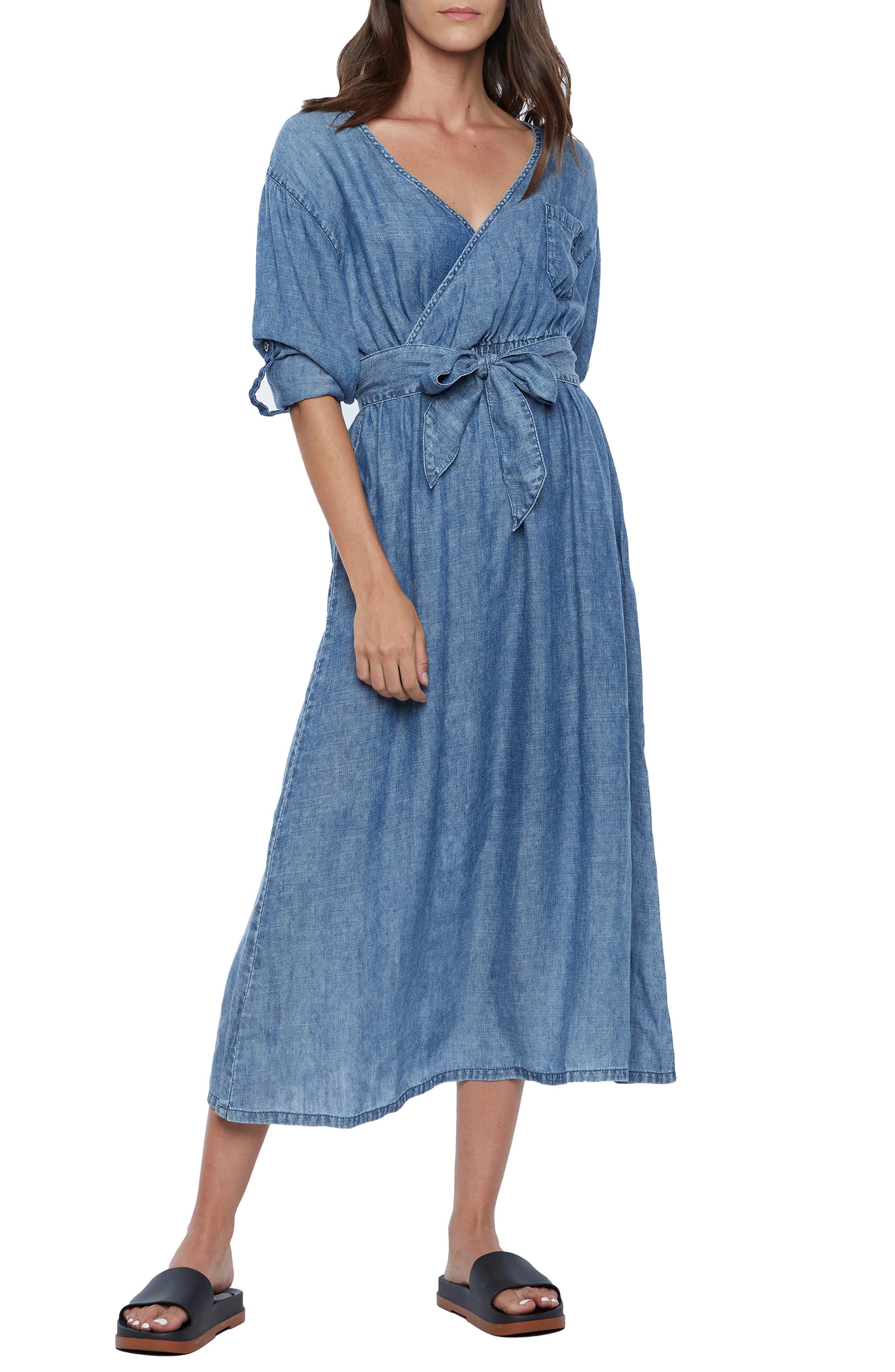 Wash Lab Denim Crossover Faux Wrap Denim Midi Dress in Blue Lyst