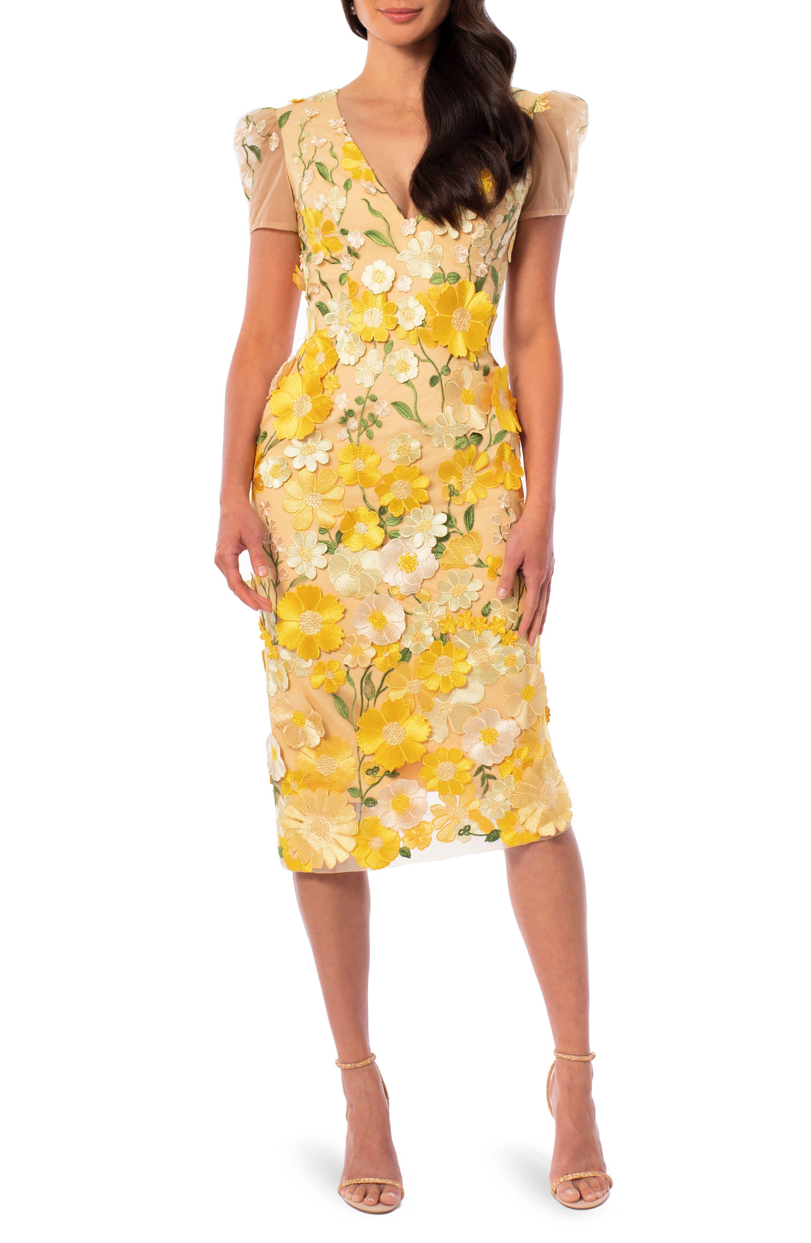 HELSI Carrie Flower Appliqué Sheath Dress in Yellow Lyst