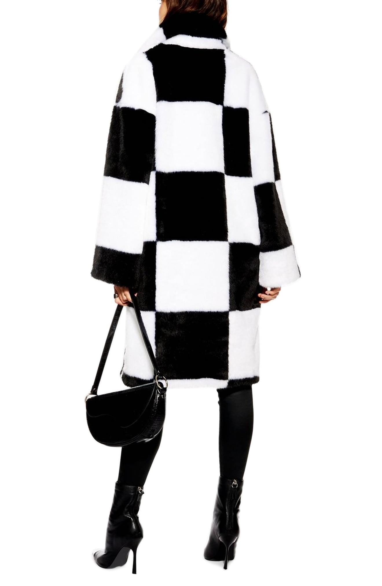 TOPSHOP Checkerboard Faux Fur Coat in Black | Lyst