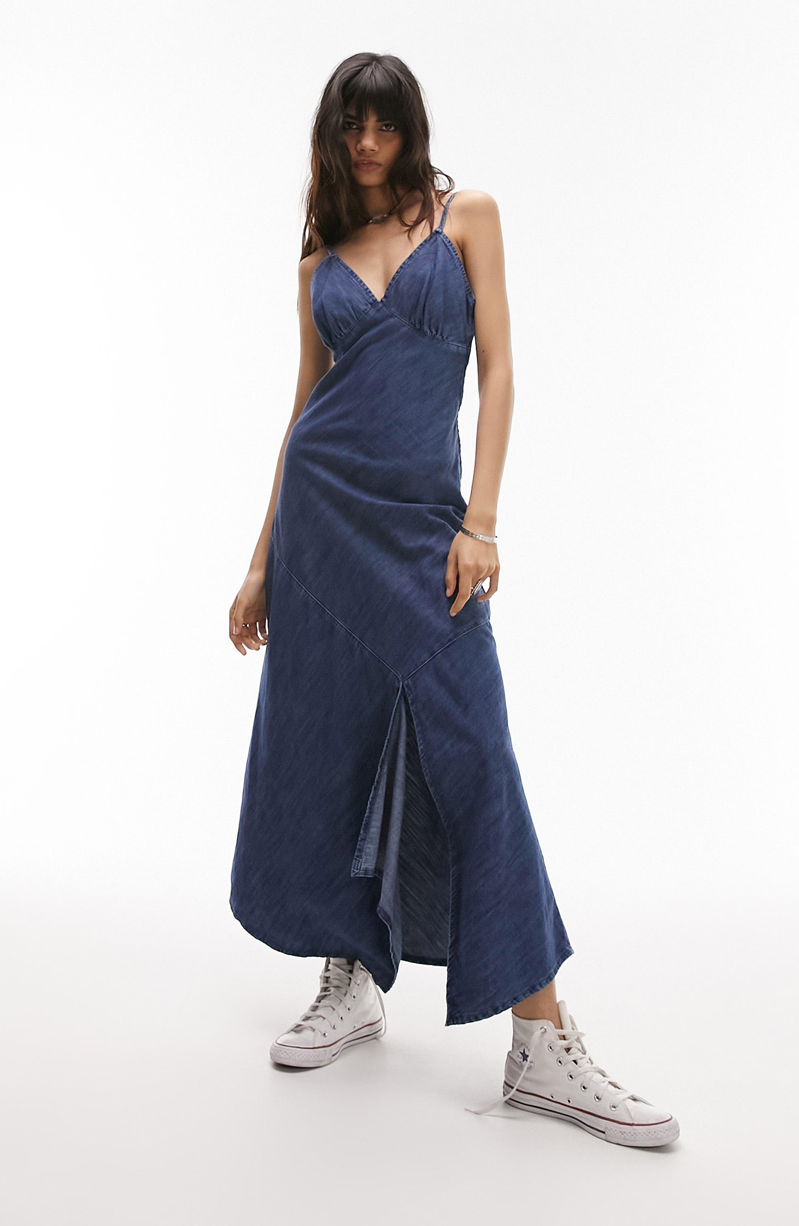TOPSHOP Denim Maxi Dress in Blue | Lyst