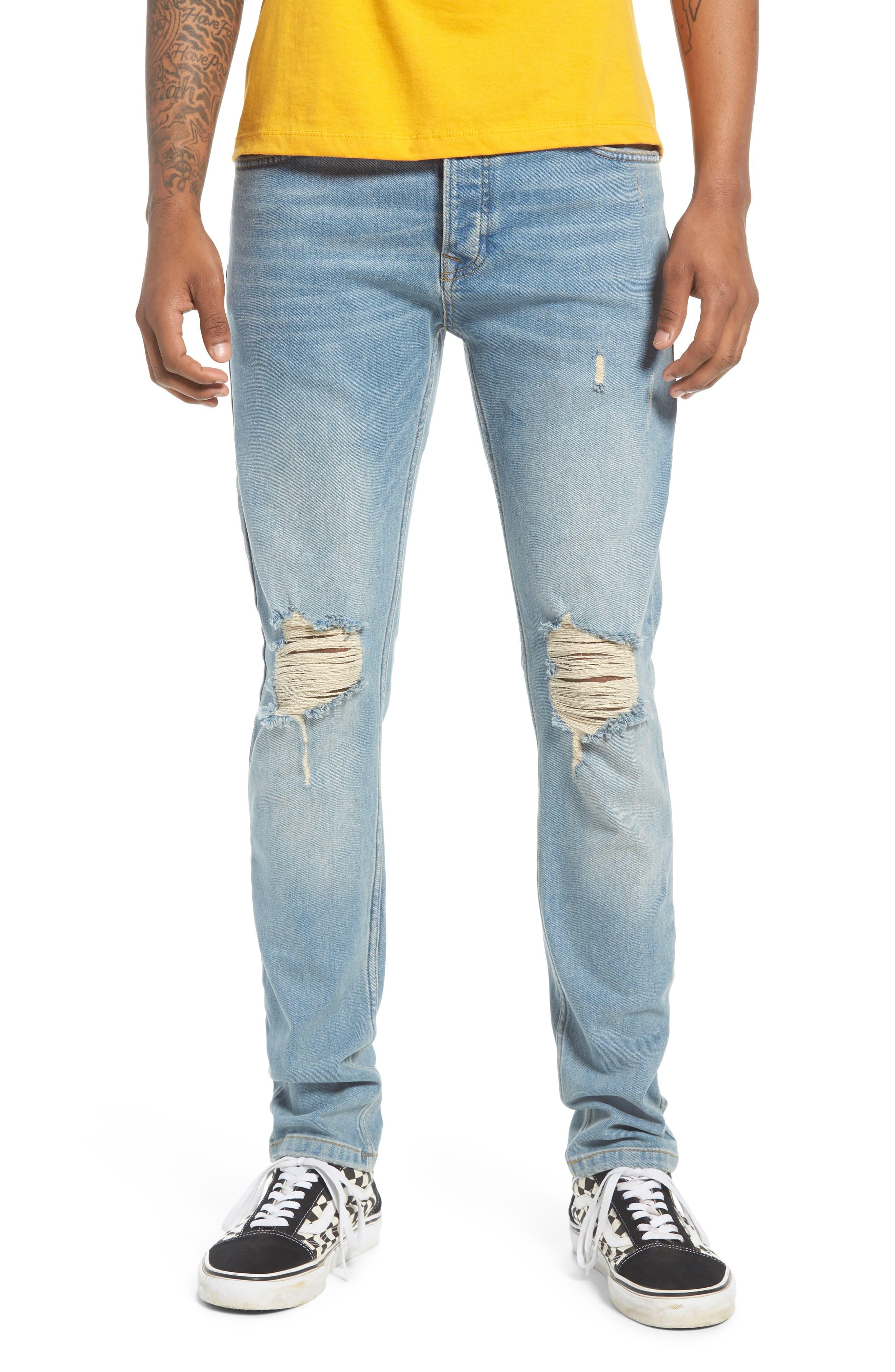 TOPMAN Denim Ripped Stretch Skinny Fit Jeans in Light Wash Denim (Blue ...