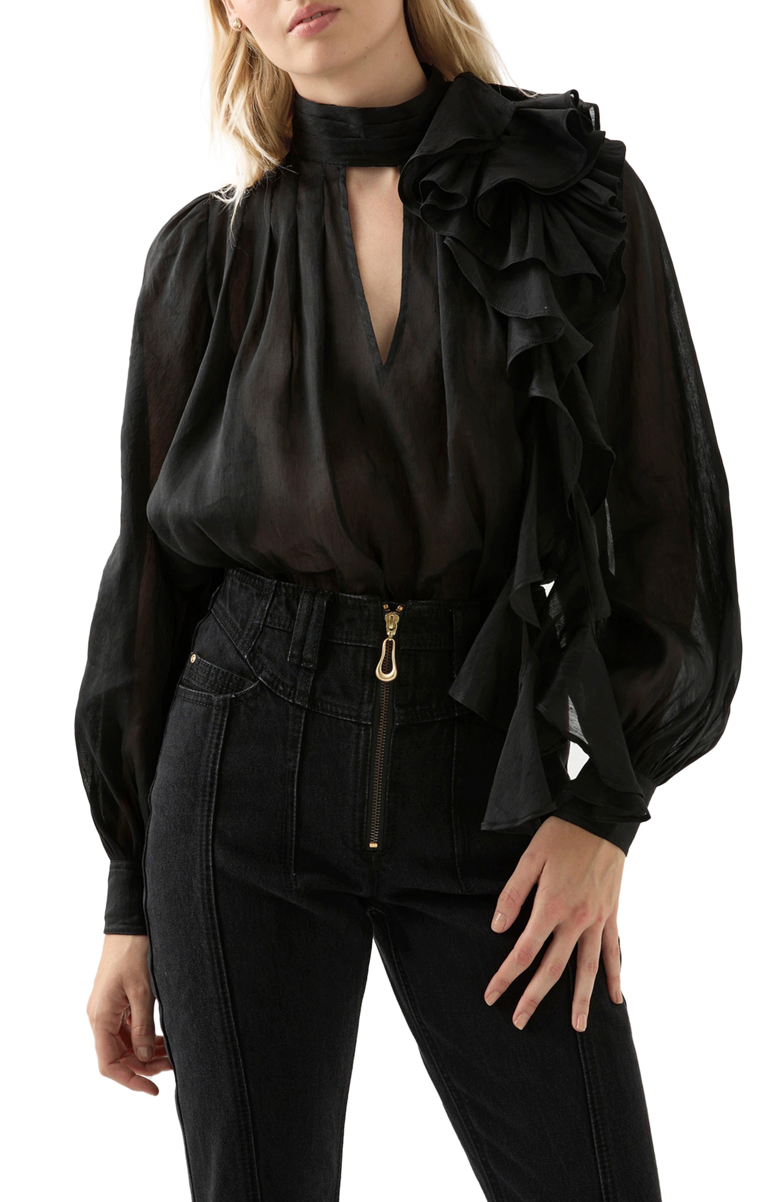 Aje. Aura Ruffle Long Sleeve Linen & Silk Blouse in Black | Lyst