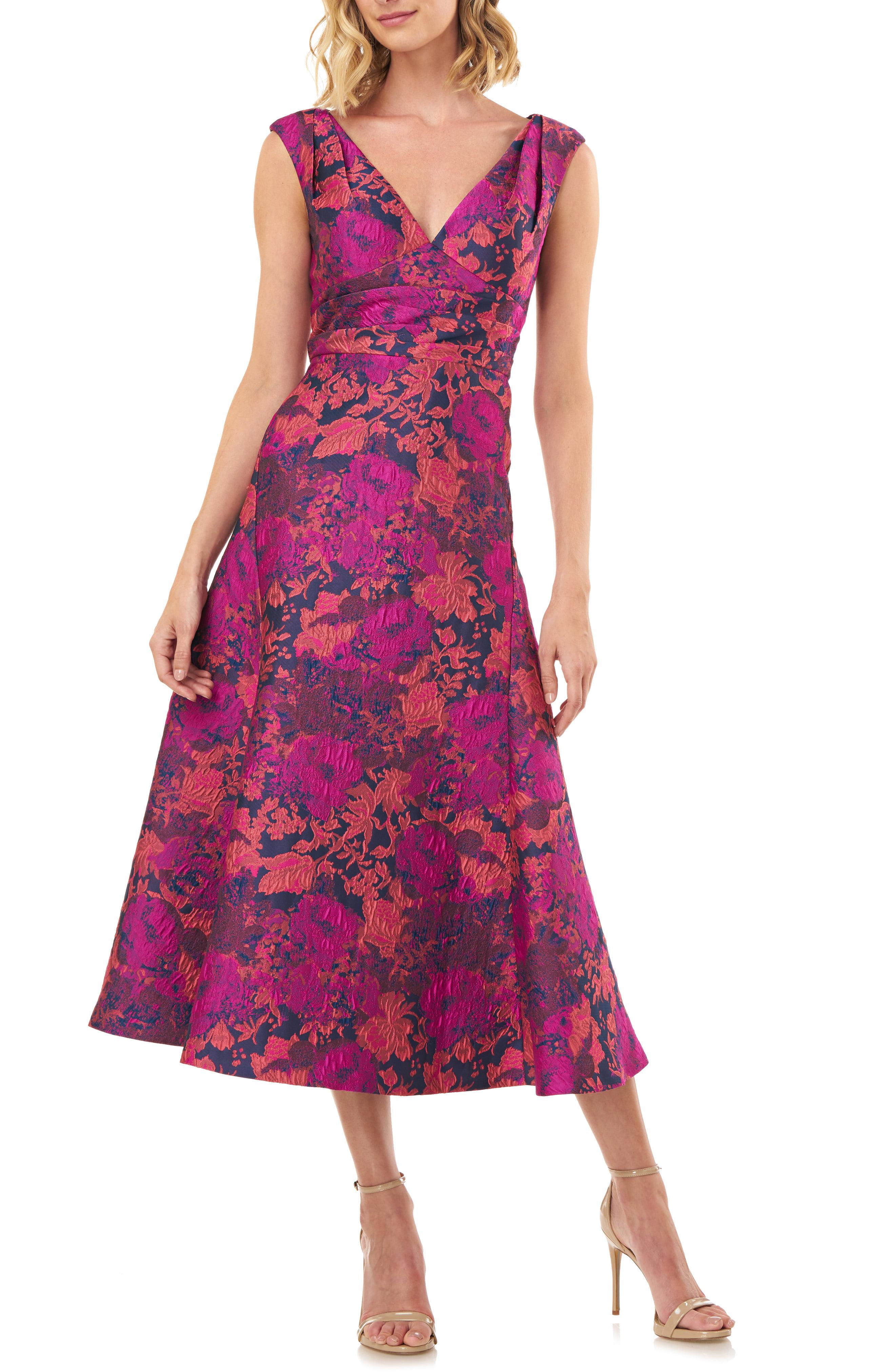 Kay Unger Charlotte V-neck Floral Jacquard Empire Waist Tea Length ...