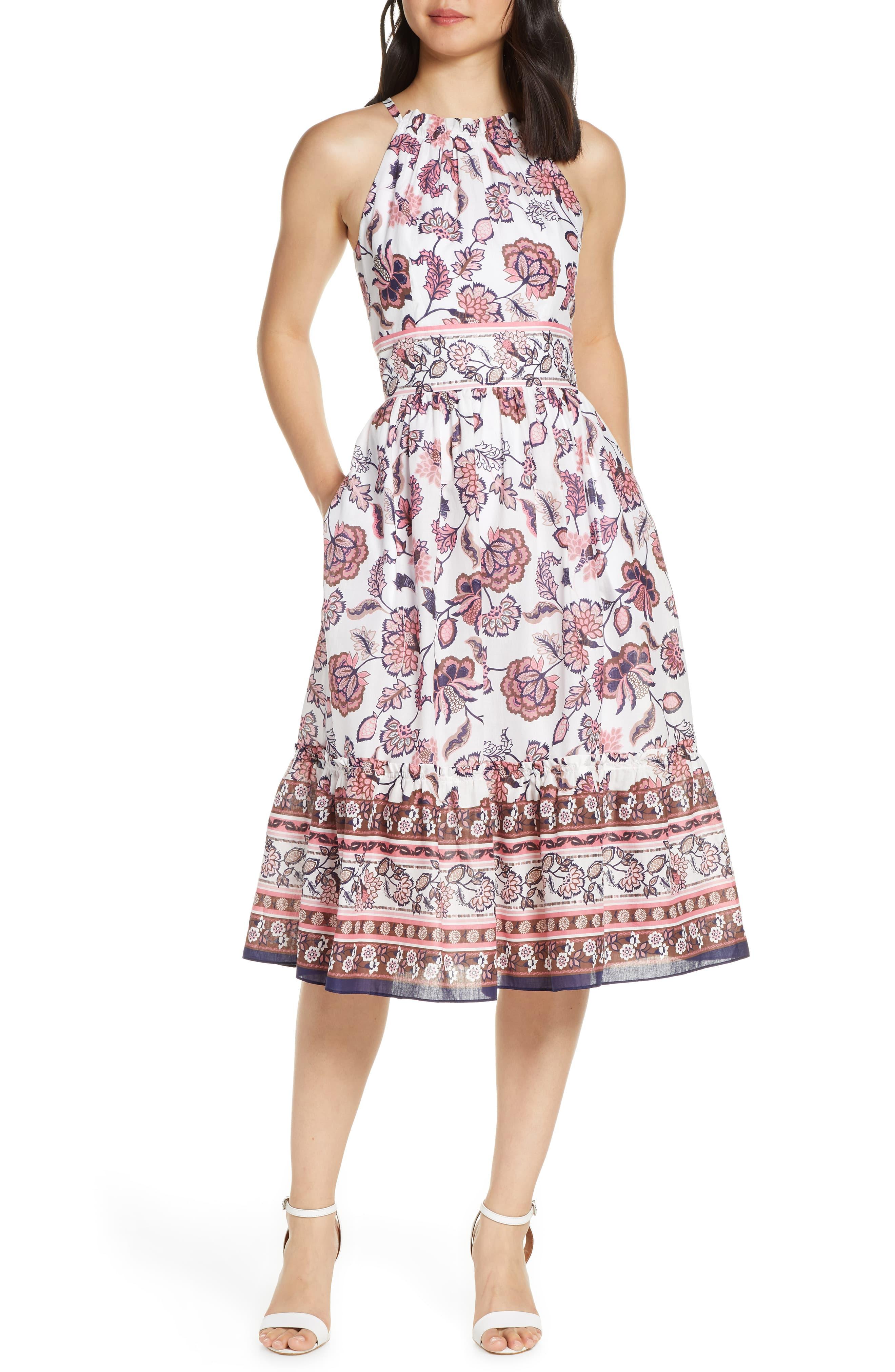 Eliza J Floral Print Halter Cotton Midi Dress in Pink - Lyst